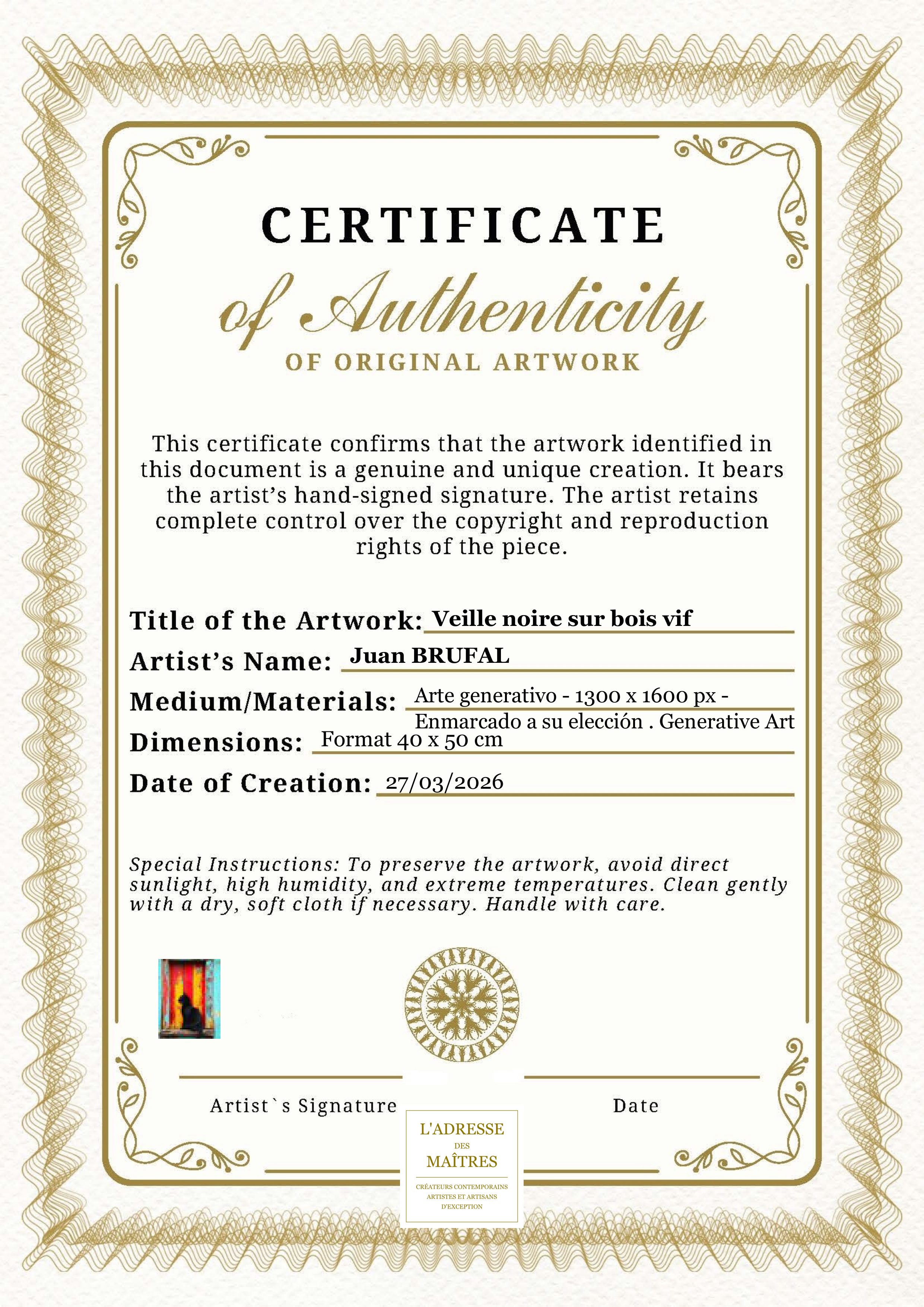 Certificat d'authenticité — Veille noire sur bois vif — Juan BRUFAL