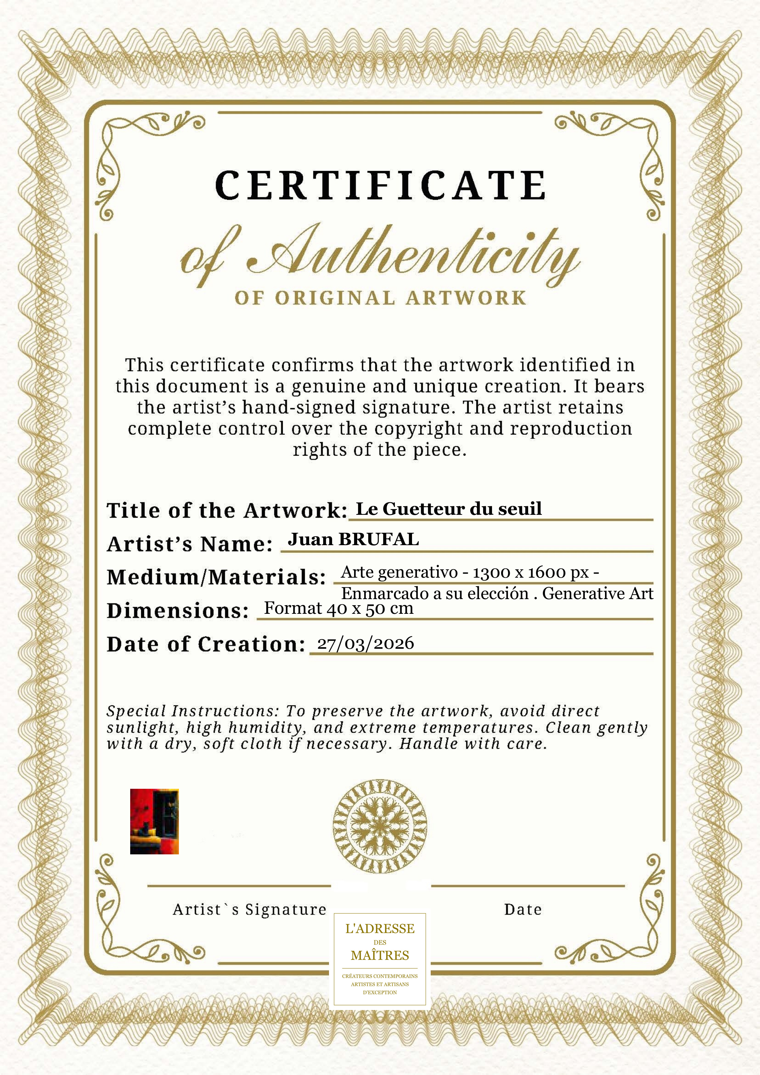 Certificat d'authenticité — Le Guetteur du seuil — Juan BRUFAL