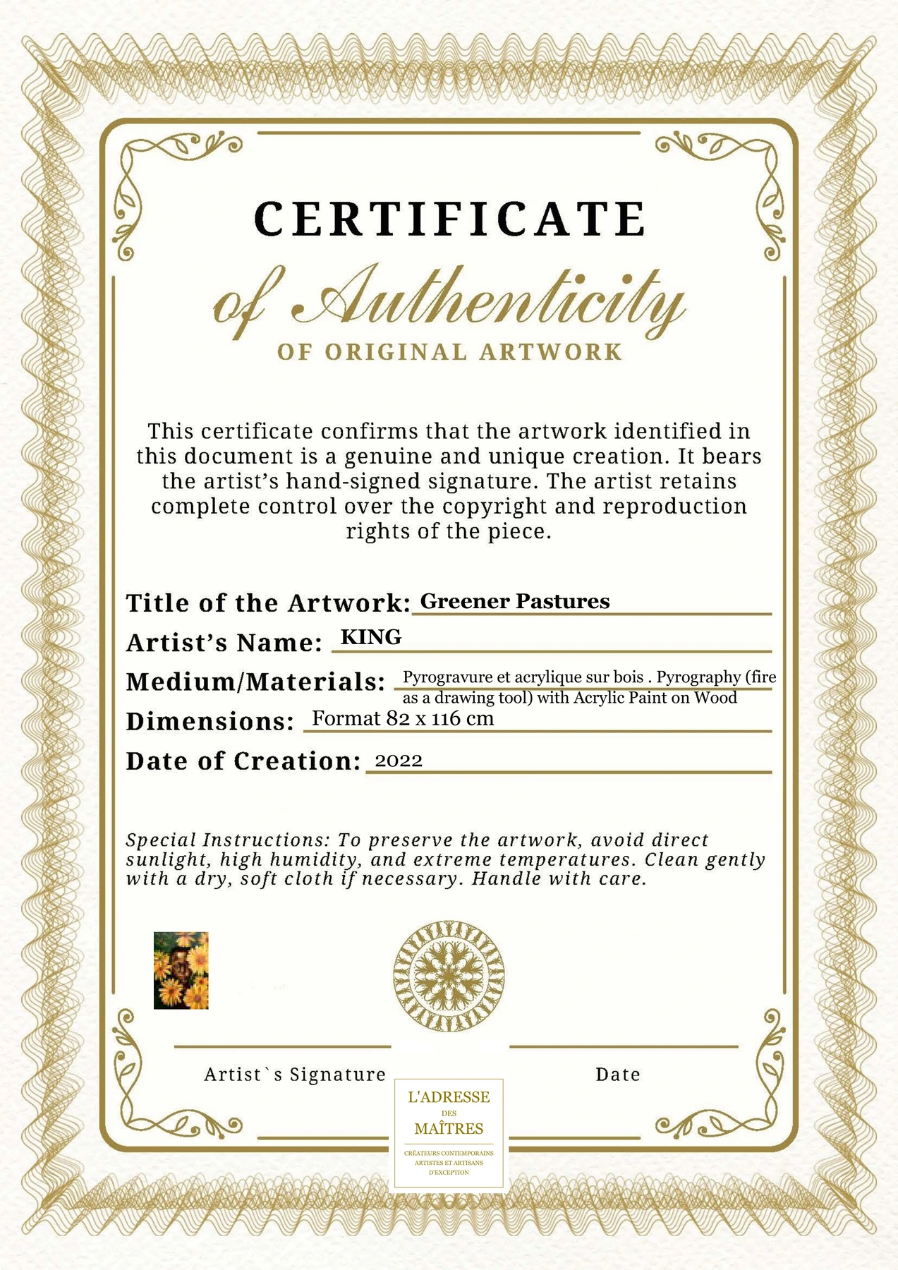 Certificat d'authenticité - Greener Pastures - KING