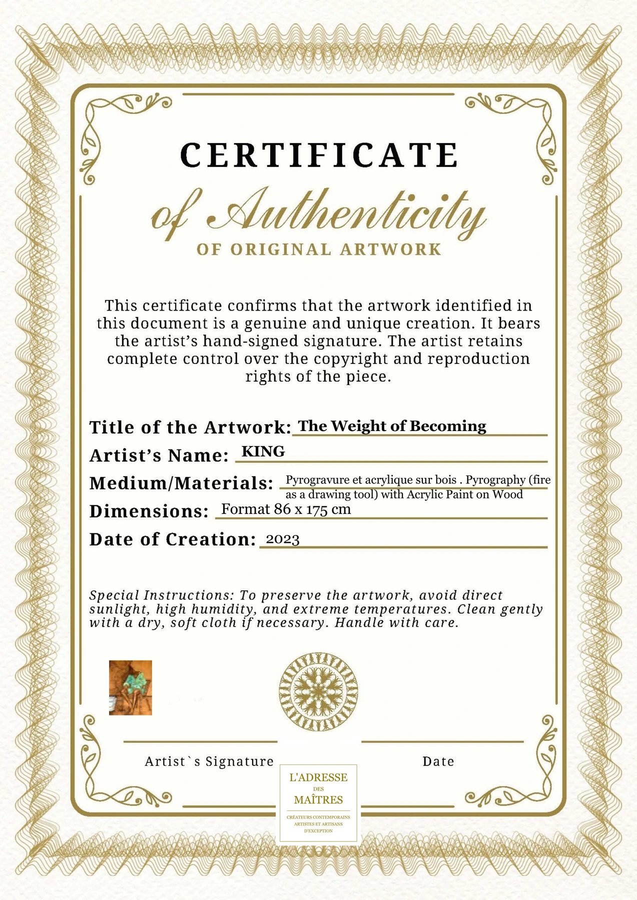 Certificat d'authenticité - The Weight of Becoming - KING