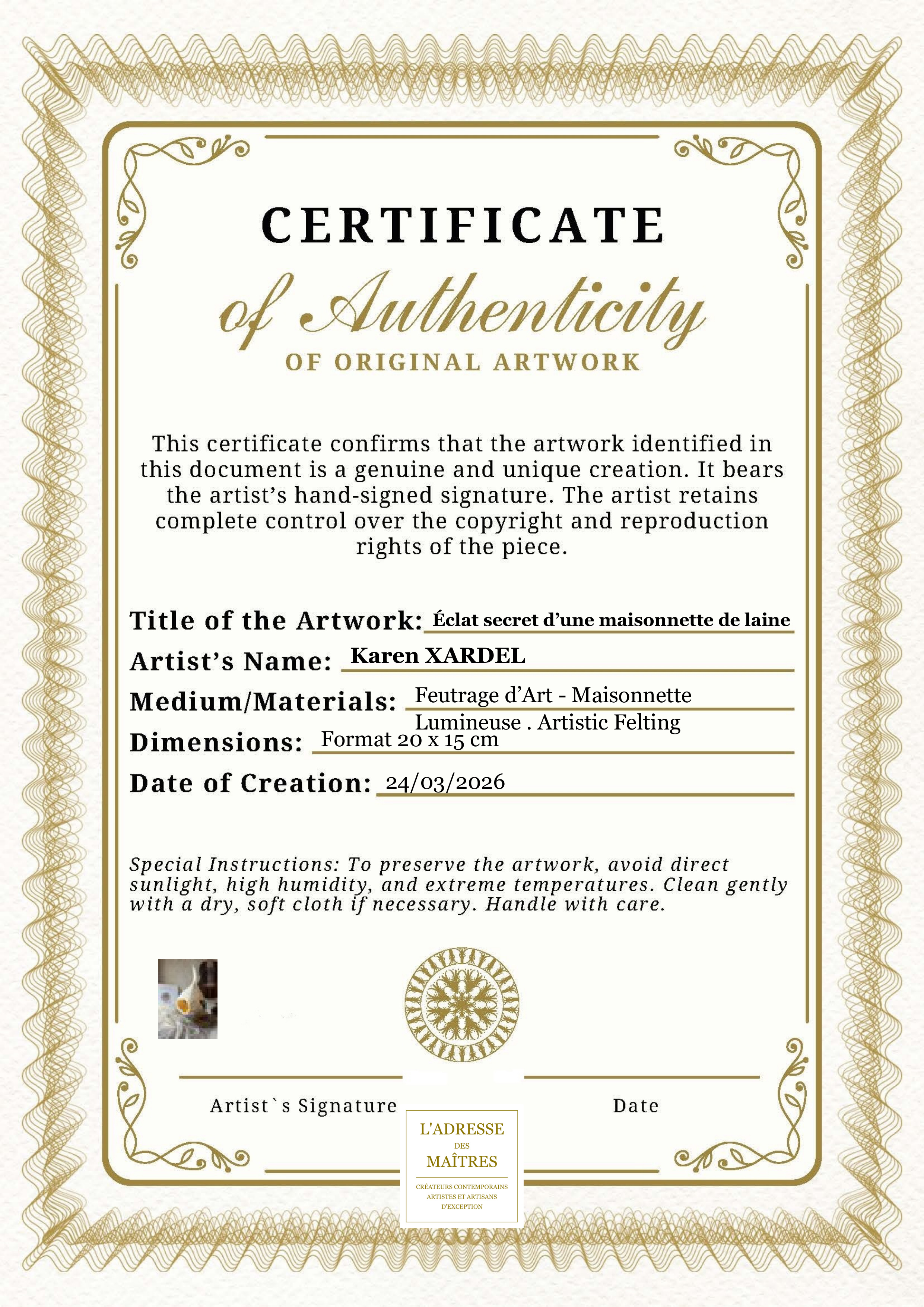 Certificat d'authenticité — Éclat secret d’une maisonnette de laine — Karen XARDEL