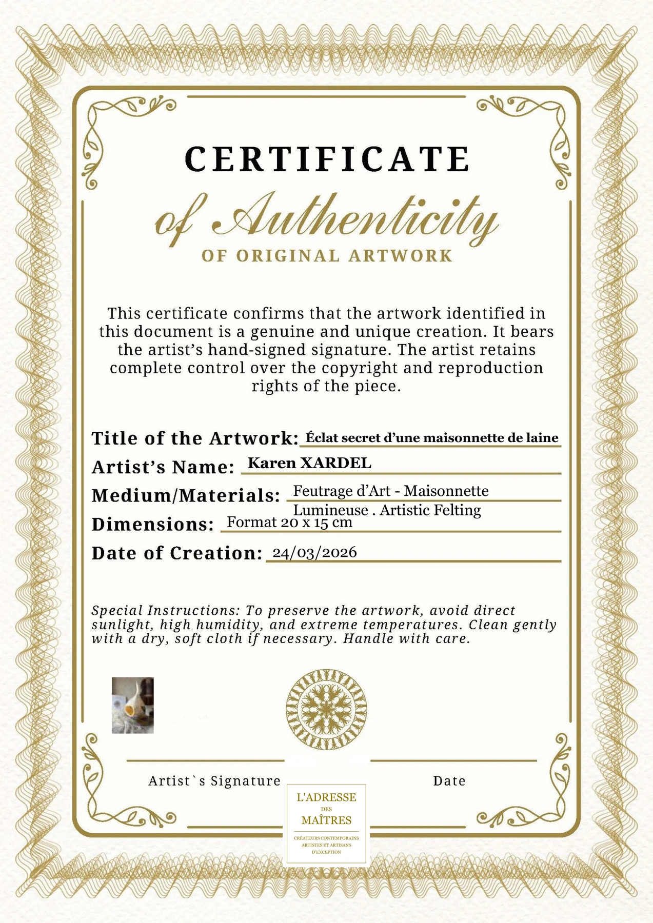 Certificat d'authenticité - Éclat secret d’une maisonnette de laine - Karen XARDEL