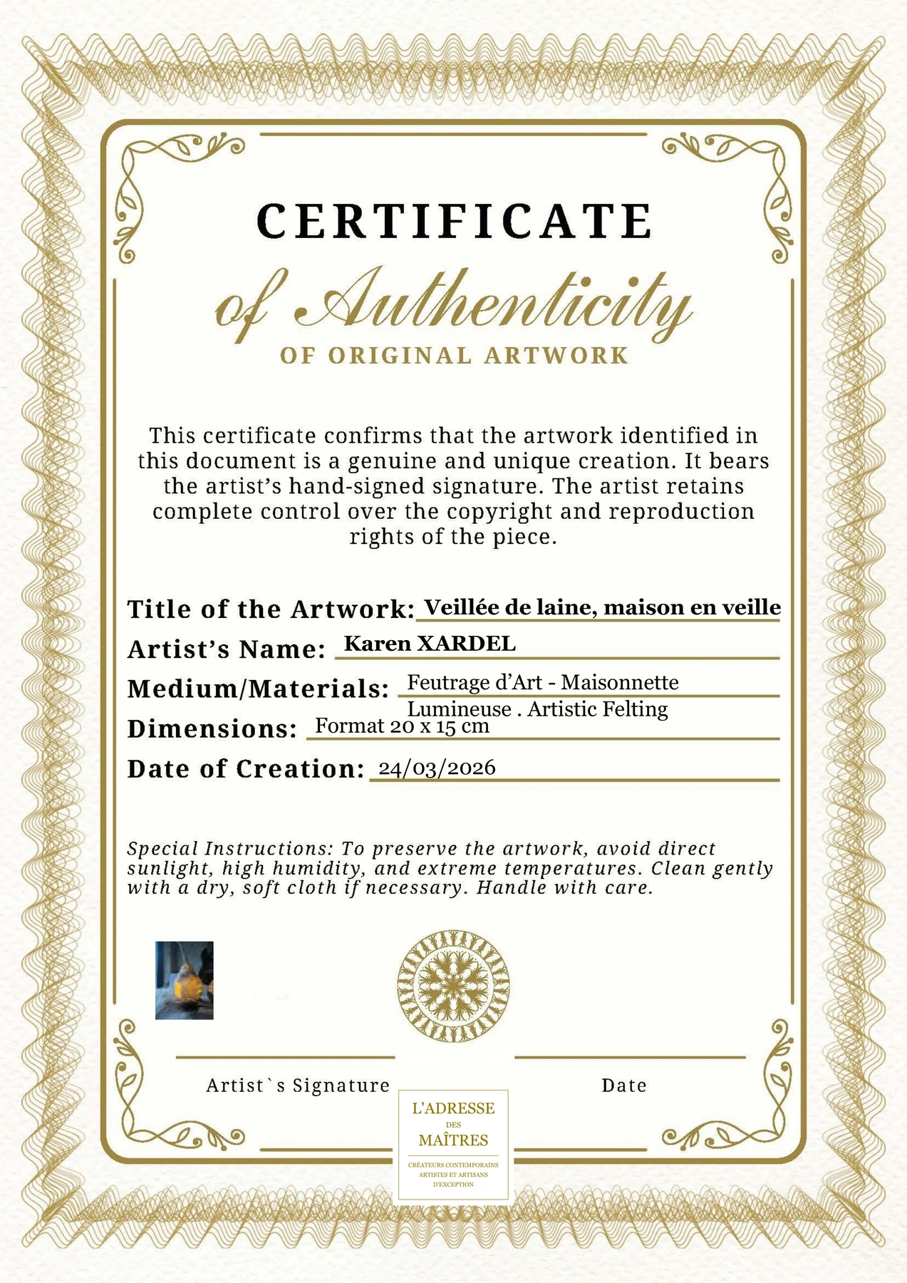 Certificat d'authenticité - Veillée de laine, maison en veille - Karen XARDEL
