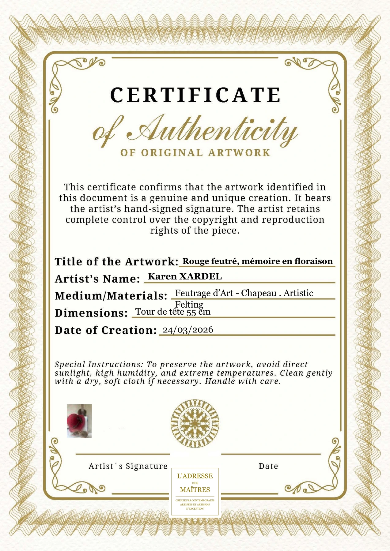 Certificat d'authenticité - Rouge feutré, mémoire en floraison - Karen XARDEL