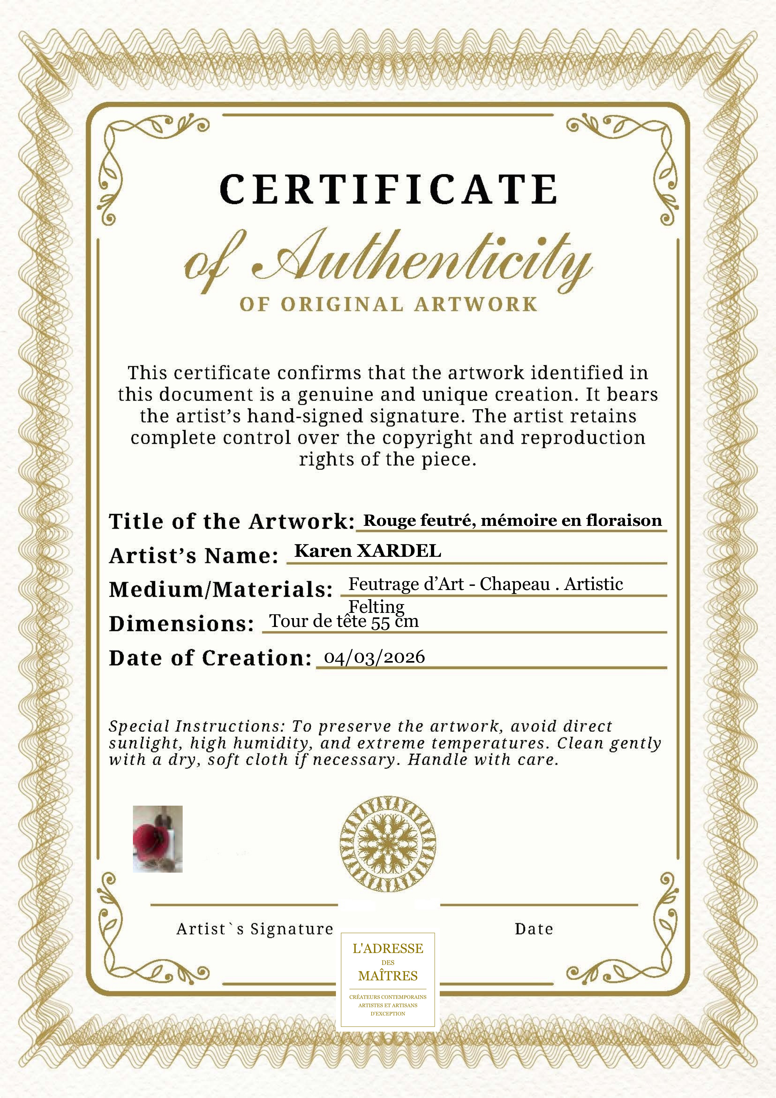 Certificat d'authenticité — Rouge feutré, mémoire en floraison — Karen XARDEL