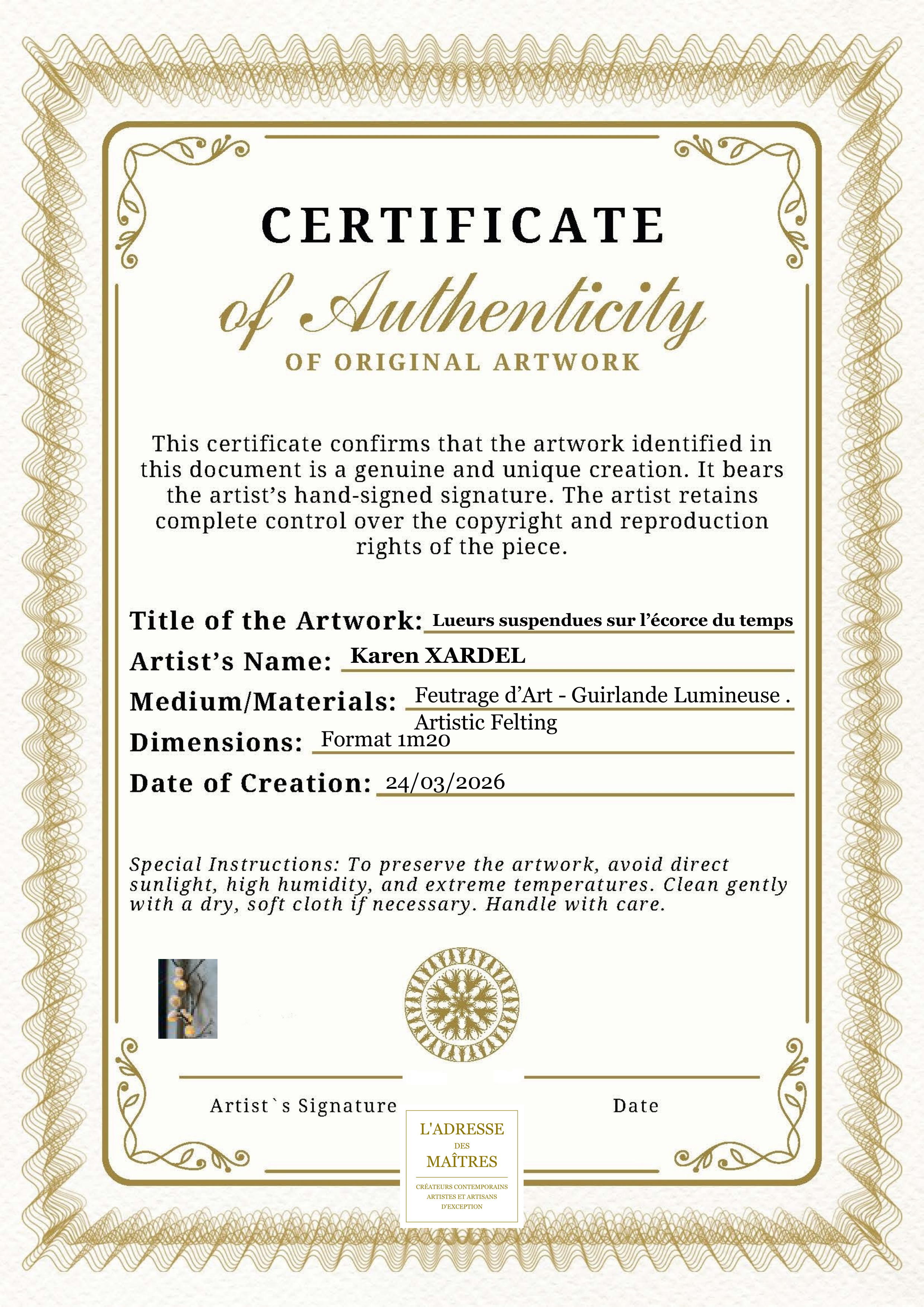 Certificat d'authenticité — Lueurs suspendues sur l’écorce du temps — Karen XARDEL