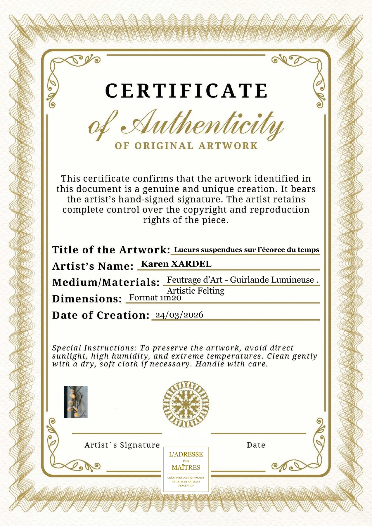 Certificat d'authenticité - Lueurs suspendues sur l’écorce du temps - Karen XARDEL