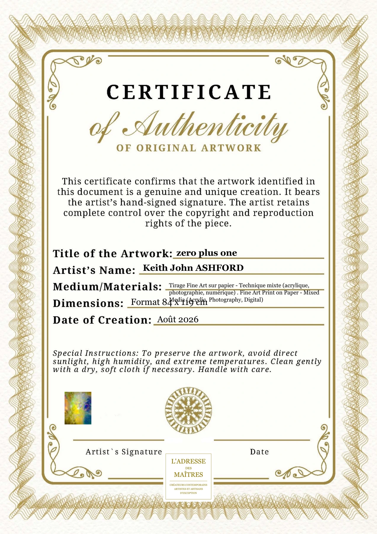 Certificat d'authenticité - zero plus one - Keith John ASHFORD