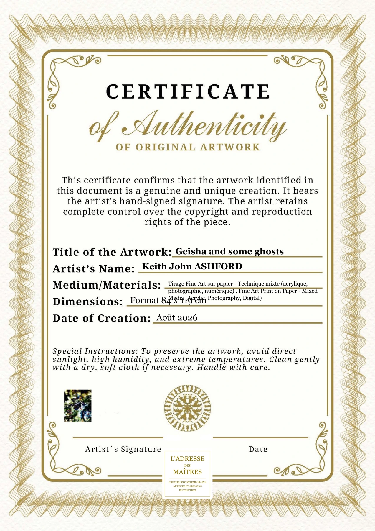 Certificat d'authenticité - Geisha and some ghosts - Keith John ASHFORD
