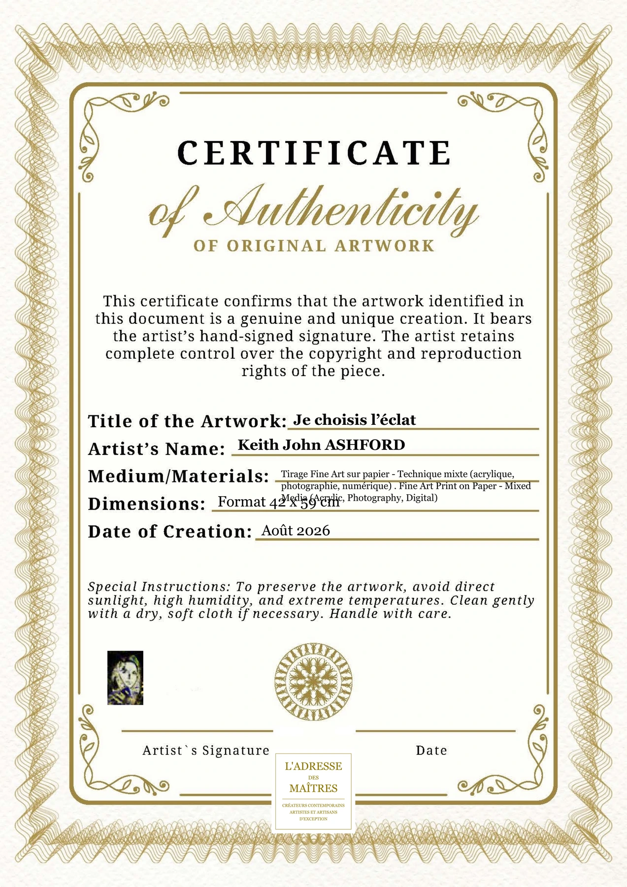 Certificat d'authenticité - Je choisis l’éclat - Keith John ASHFORD