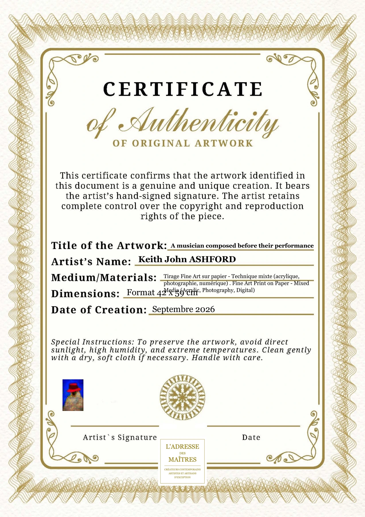 Certificat d'authenticité - A musician composed before their performance - Keith John ASHFORD