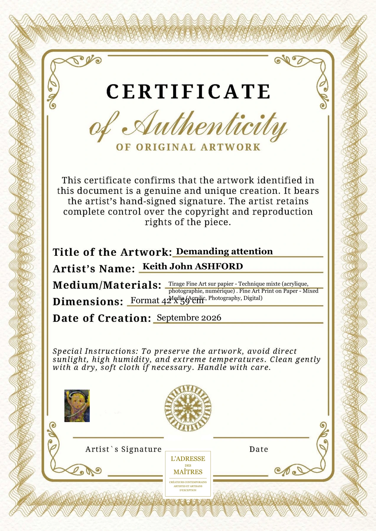 Certificat d'authenticité - Demanding attention - Keith John ASHFORD