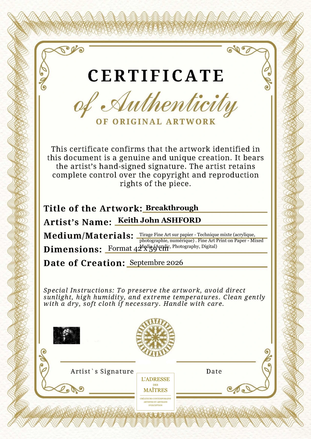 Certificat d'authenticité - Breakthrough - Keith John ASHFORD