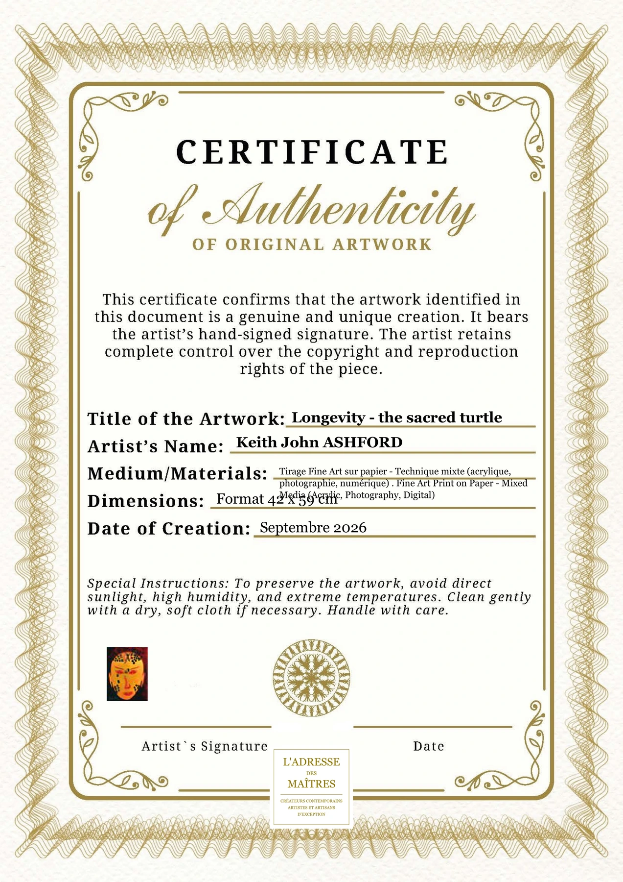 Certificat d'authenticité - Longevity - the sacred turtle - Keith John ASHFORD