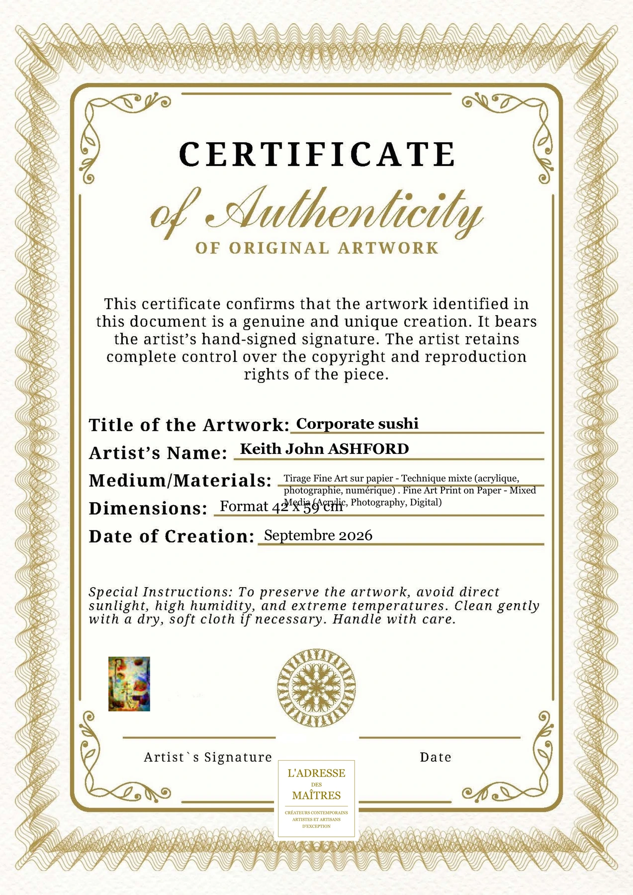 Certificat d'authenticité - Corporate sushi - Keith John ASHFORD