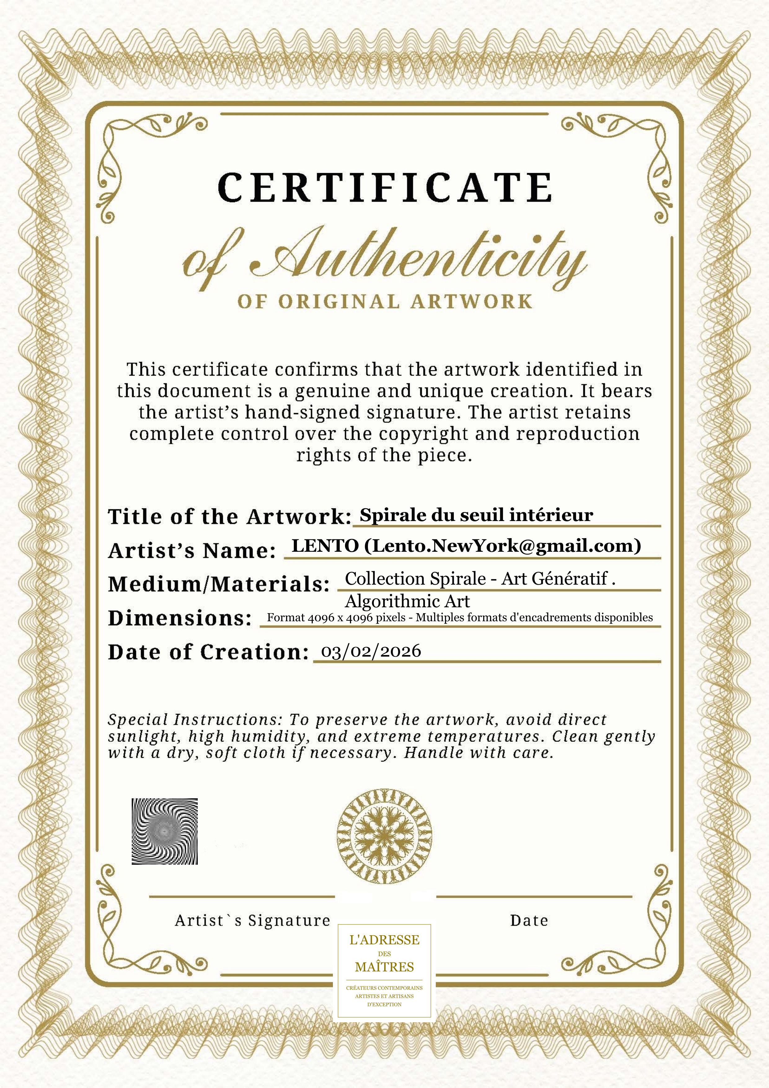 Certificat d'authenticité — Spirale du seuil intérieur — LENTO (Lento.NewYork@gmail.com)