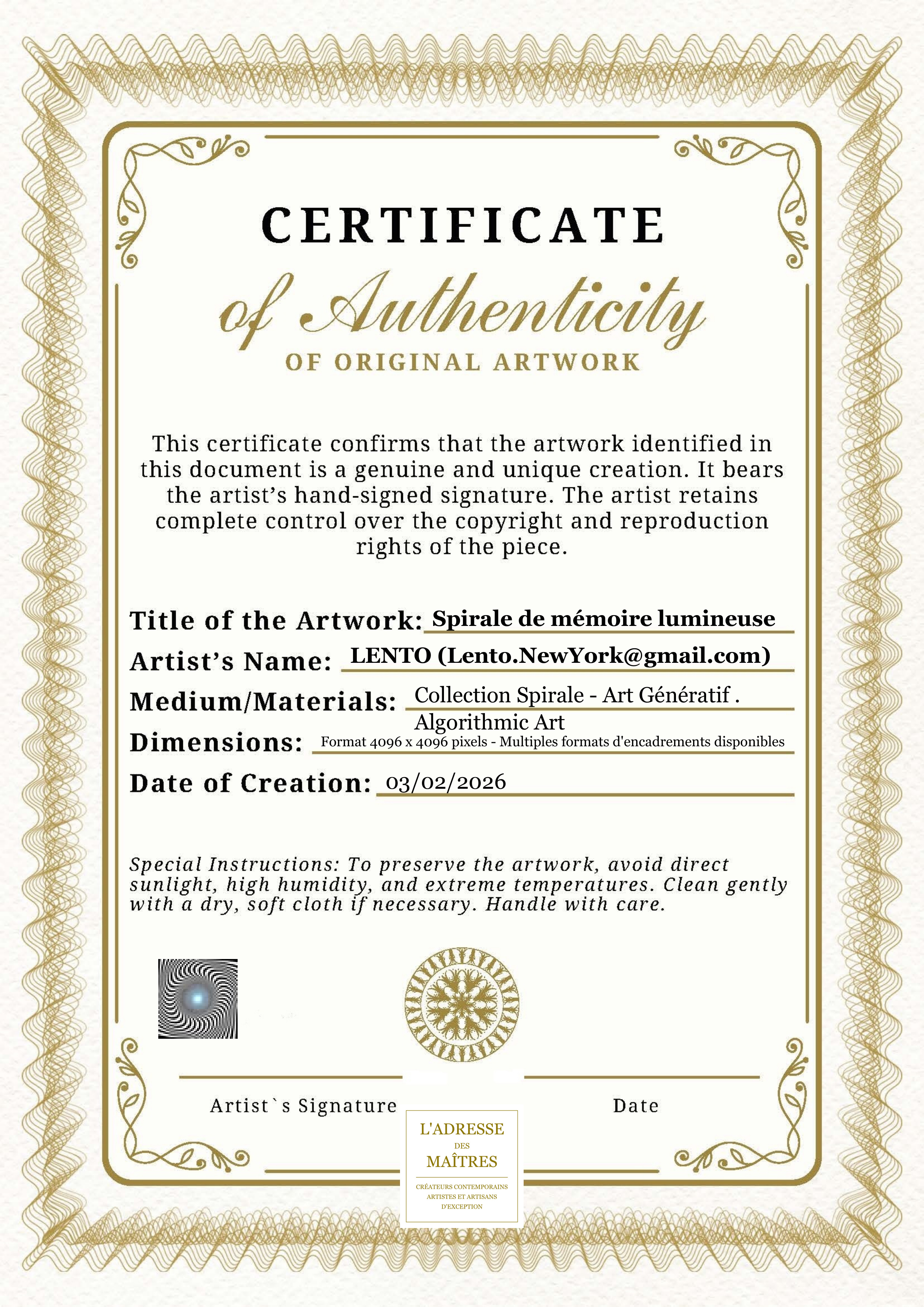 Certificat d'authenticité — Spirale de mémoire lumineuse — LENTO (Lento.NewYork@gmail.com)