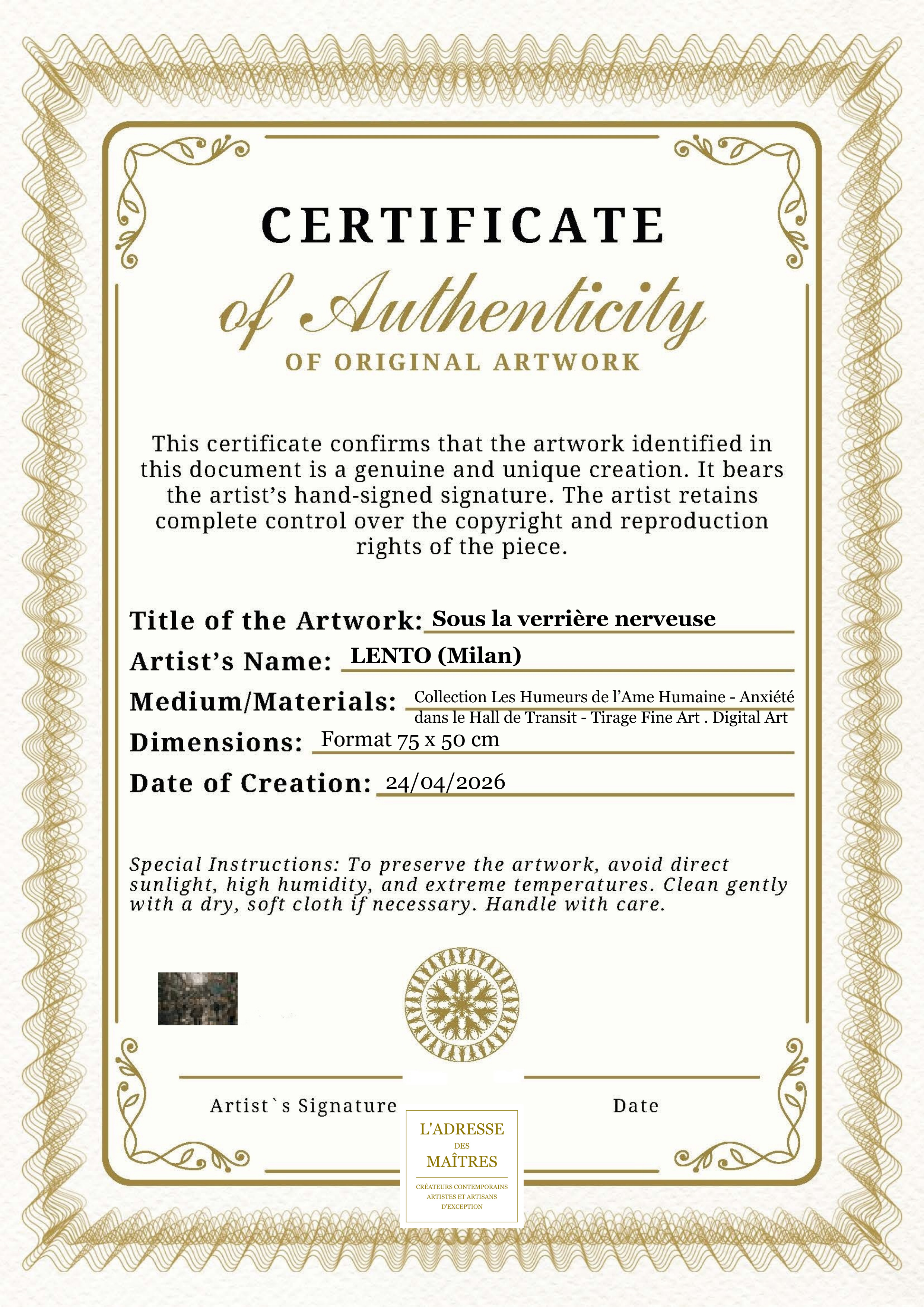 Certificat d'authenticité — Sous la verrière nerveuse — LENTO (Milan)