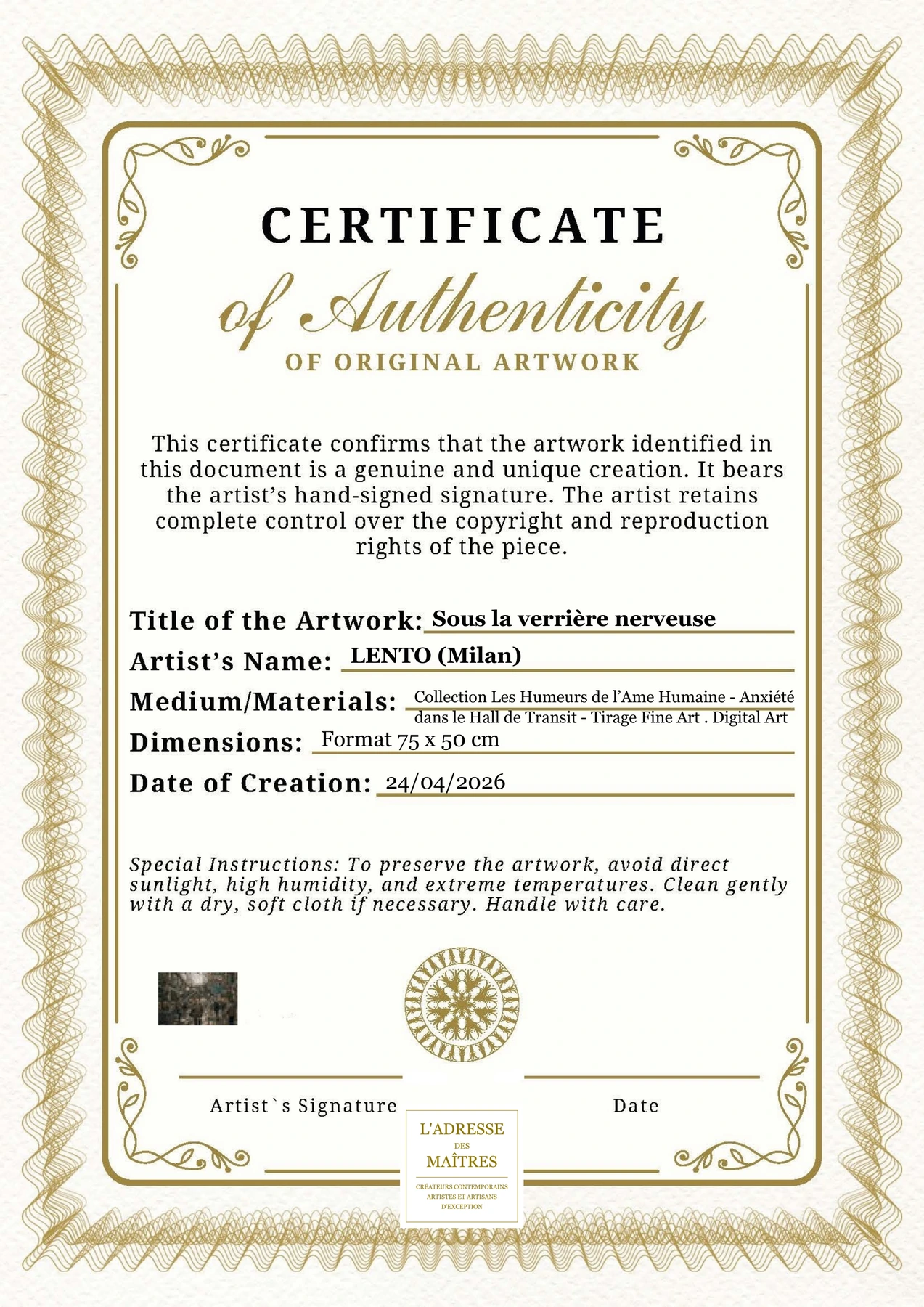 Certificat d'authenticité — Sous la verrière nerveuse — LENTO (Milan)