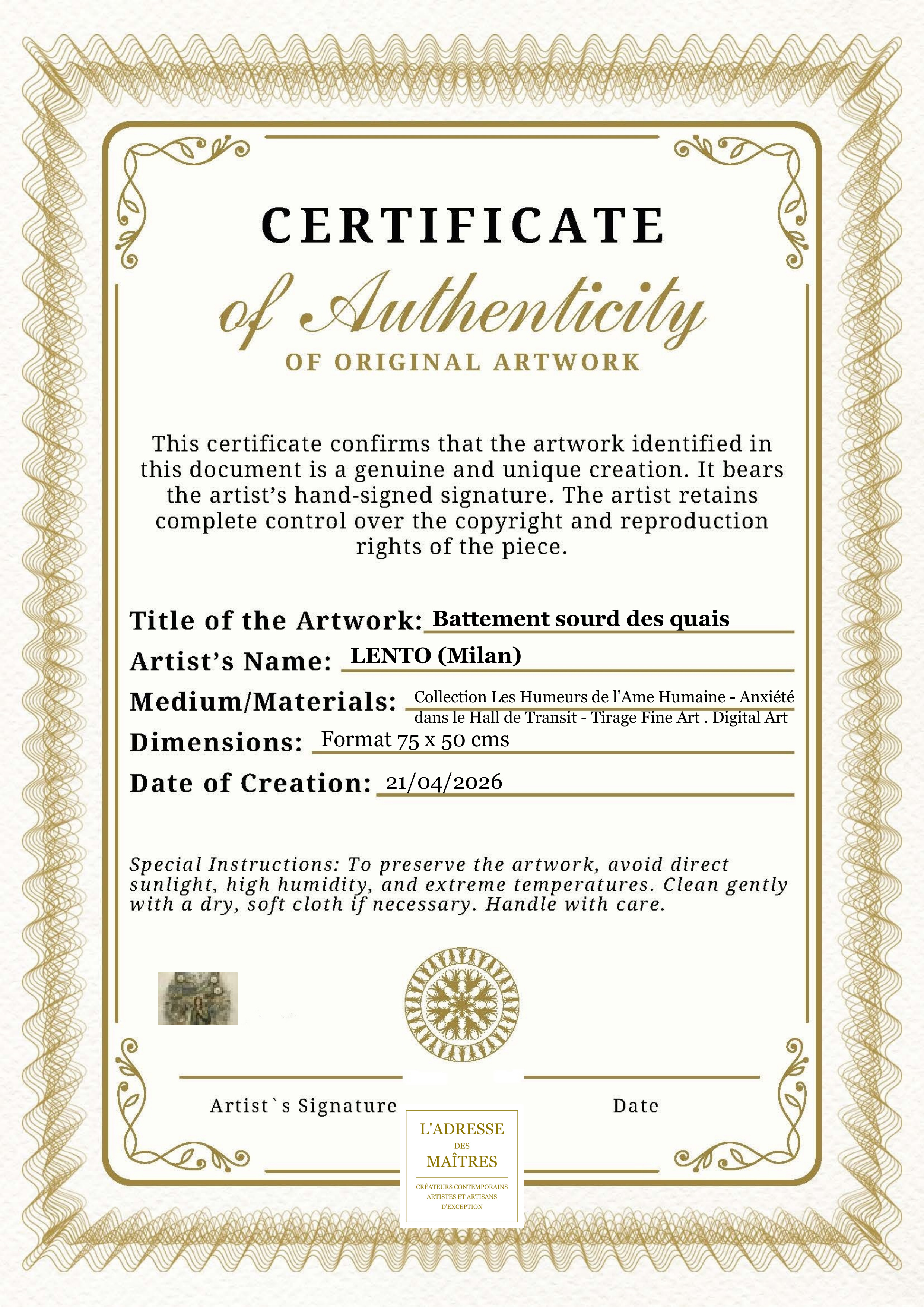 Certificat d'authenticité — Battement sourd des quais — LENTO (Milan)