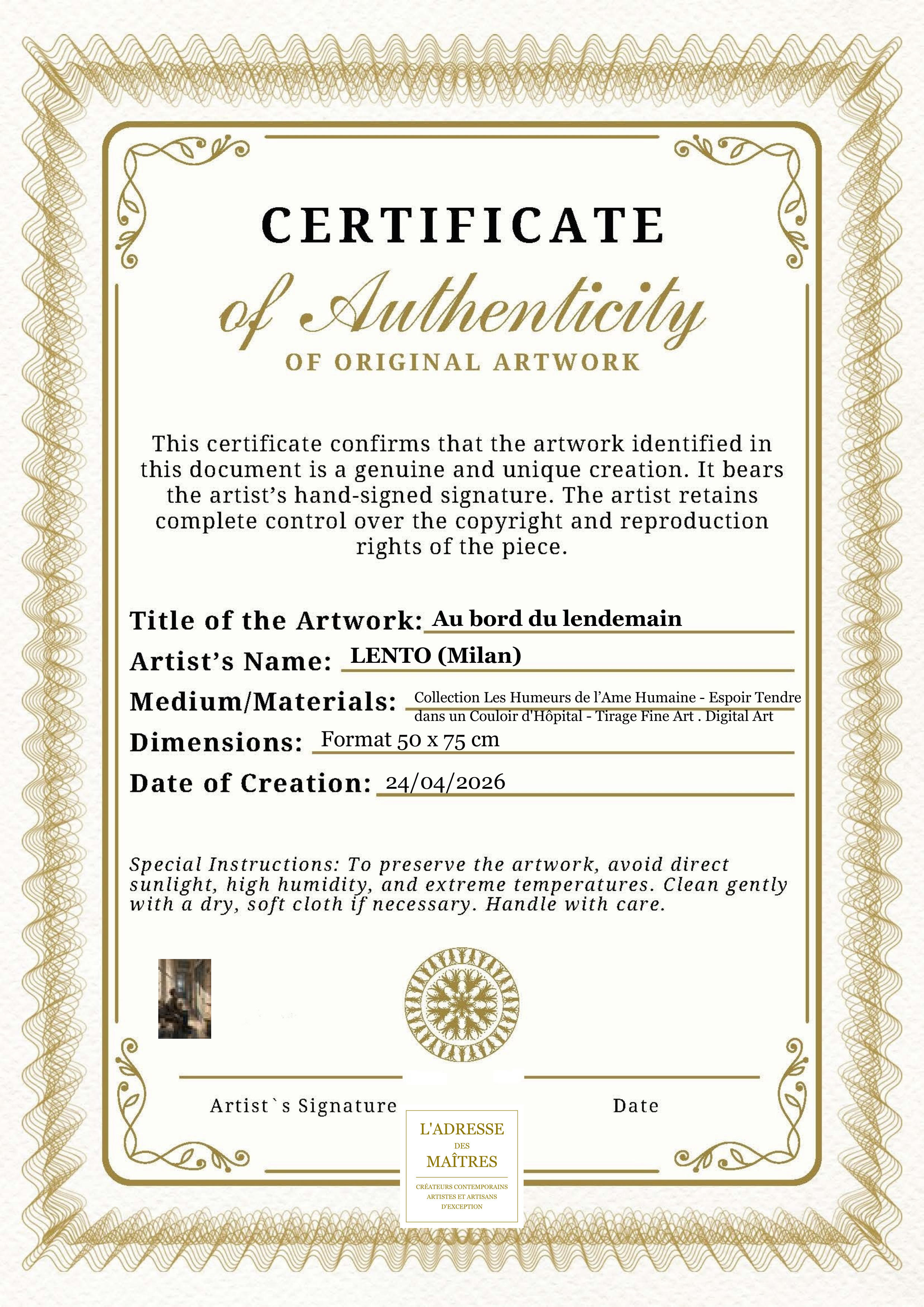Certificat d'authenticité — Au bord du lendemain — LENTO (Milan)
