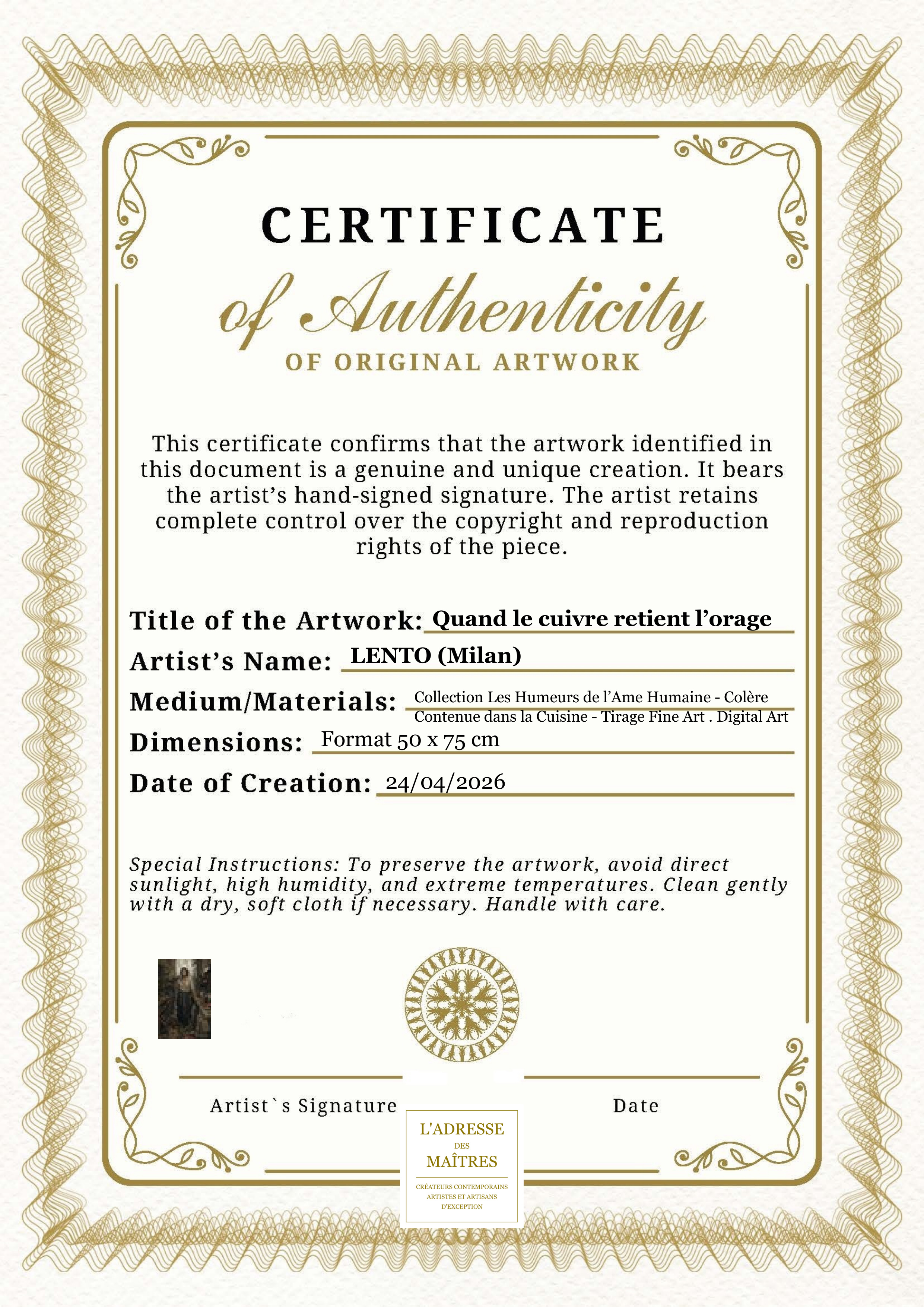 Certificat d'authenticité — Quand le cuivre retient l’orage — LENTO (Milan)