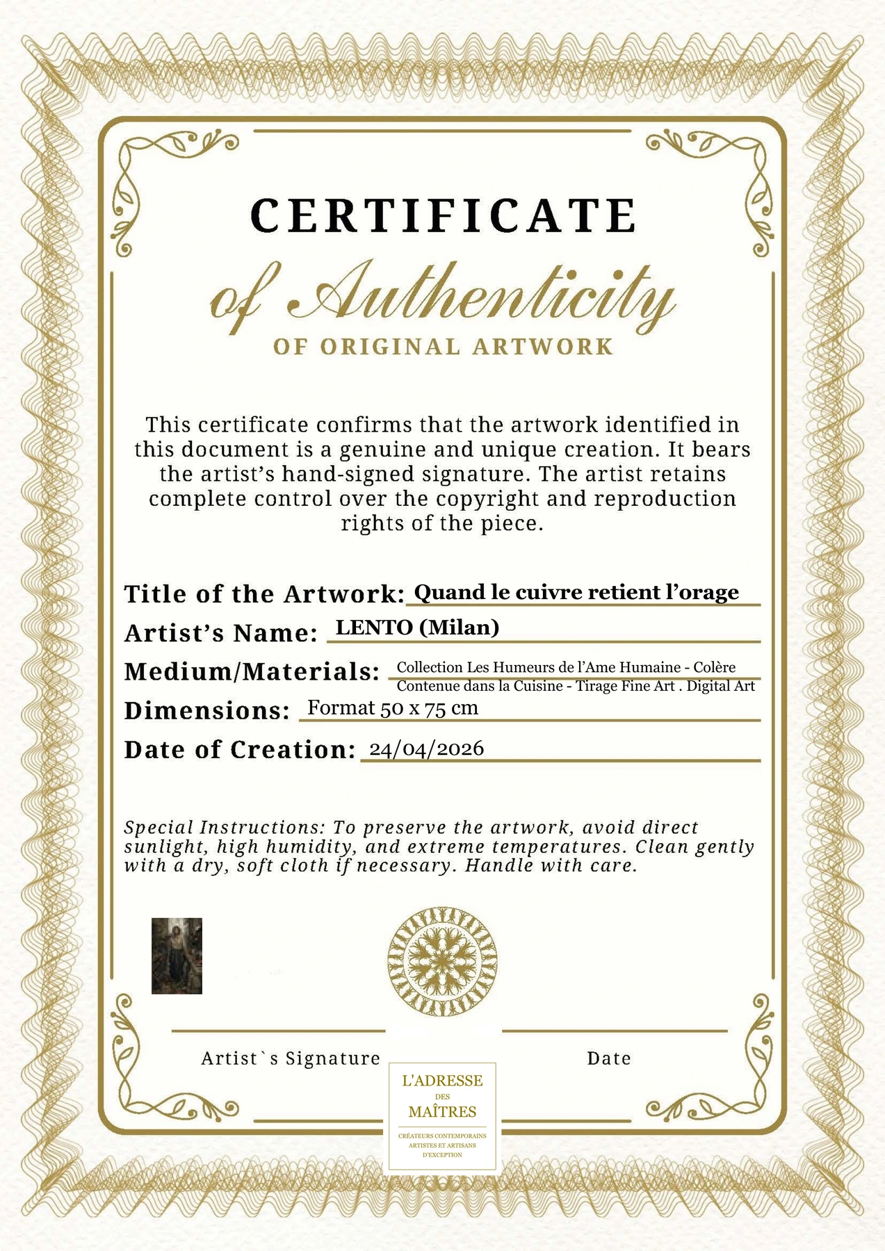 Certificat d'authenticité — Quand le cuivre retient l’orage — LENTO (Milan)