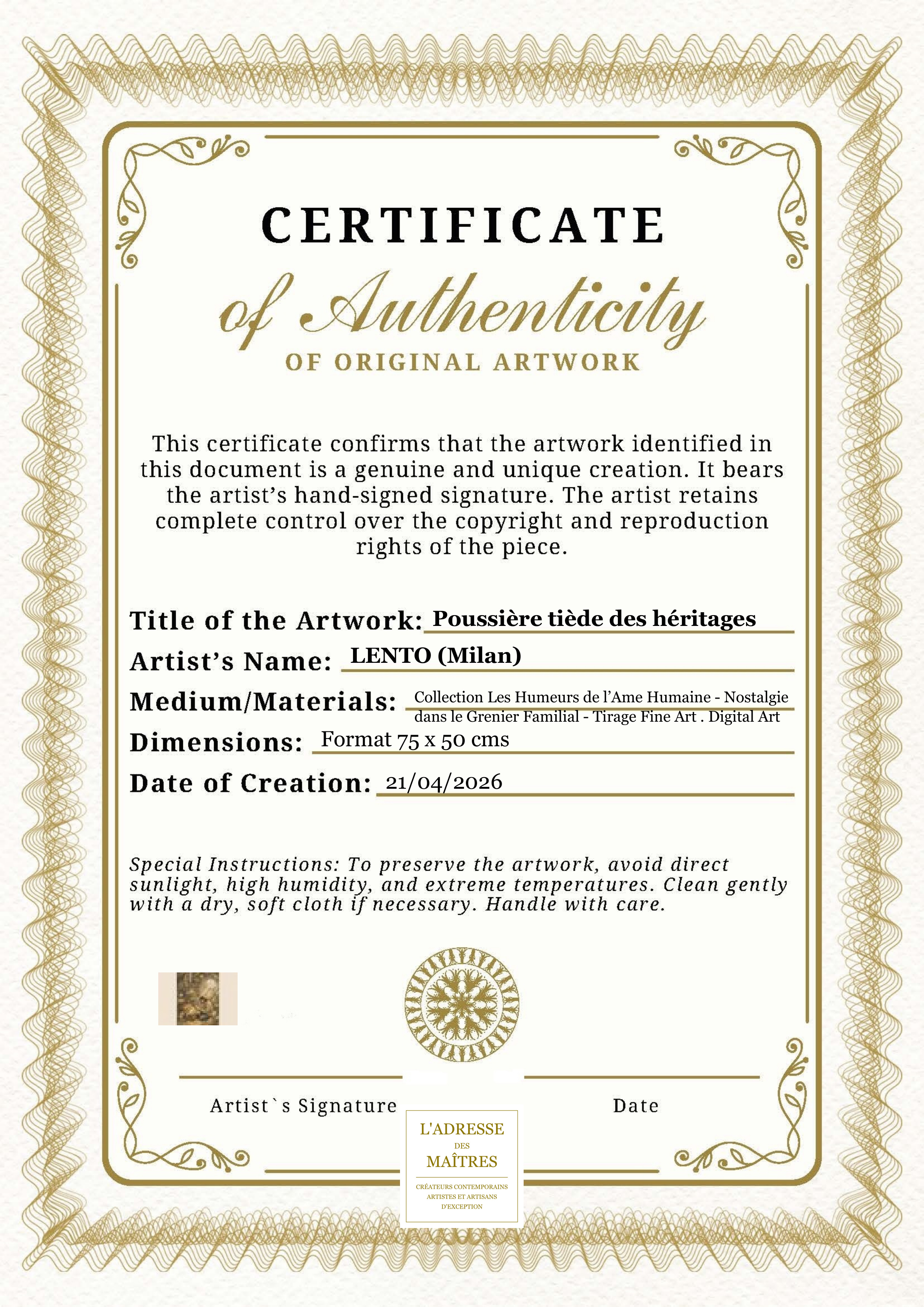 Certificat d'authenticité — Poussière tiède des héritages — LENTO (Milan)