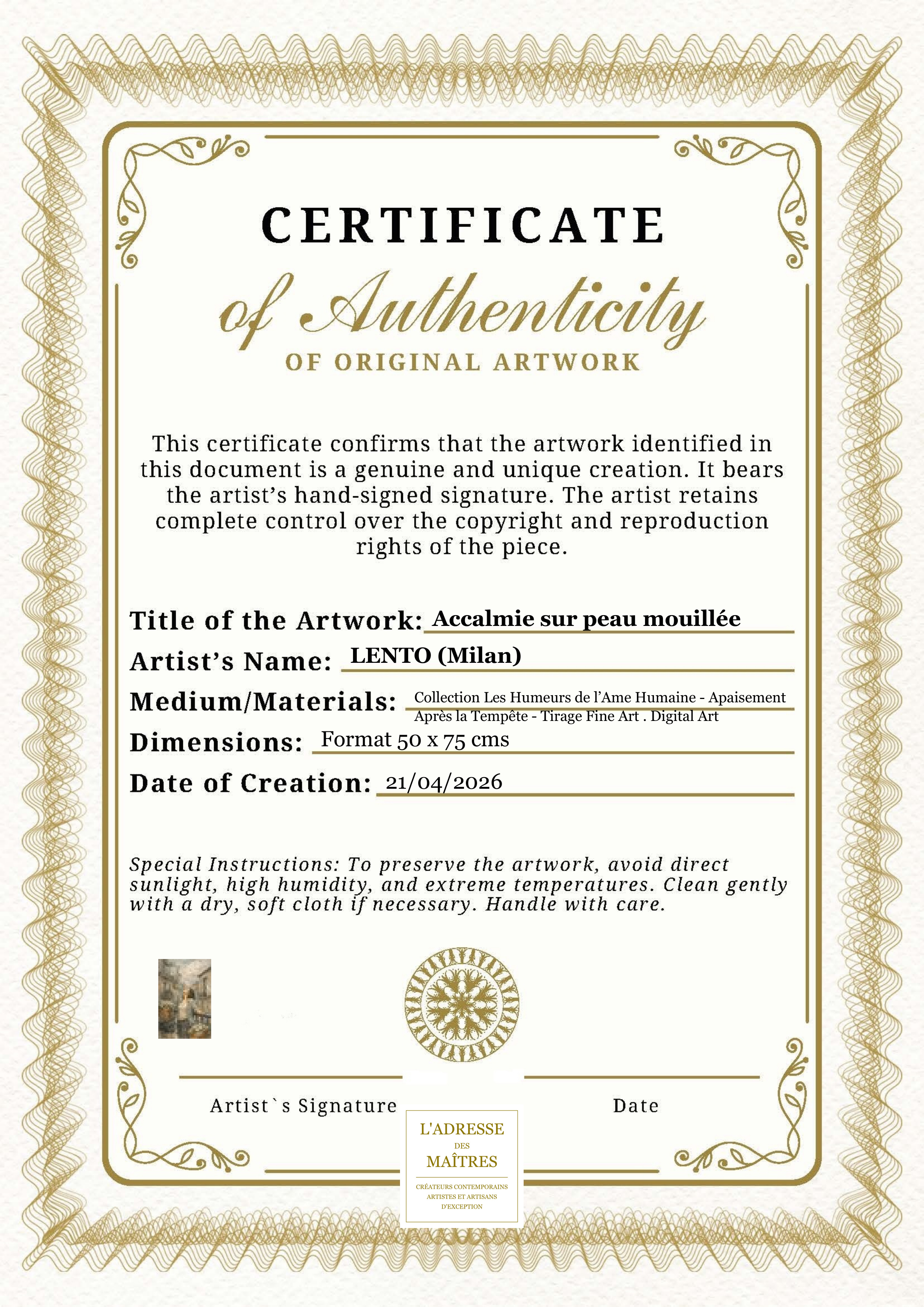 Certificat d'authenticité — Accalmie sur peau mouillée — LENTO (Milan)