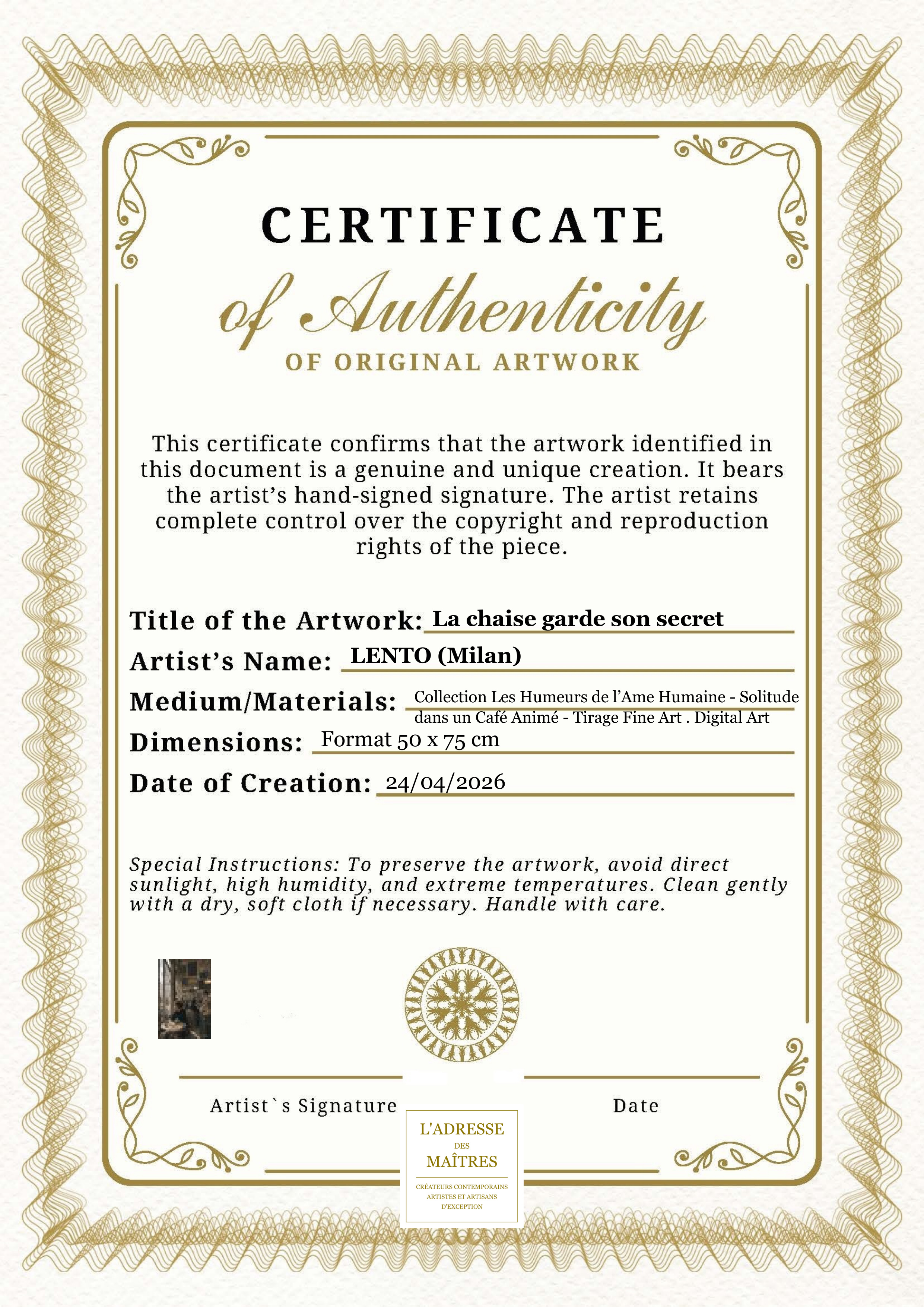 Certificat d'authenticité — La chaise garde son secret — LENTO (Milan)