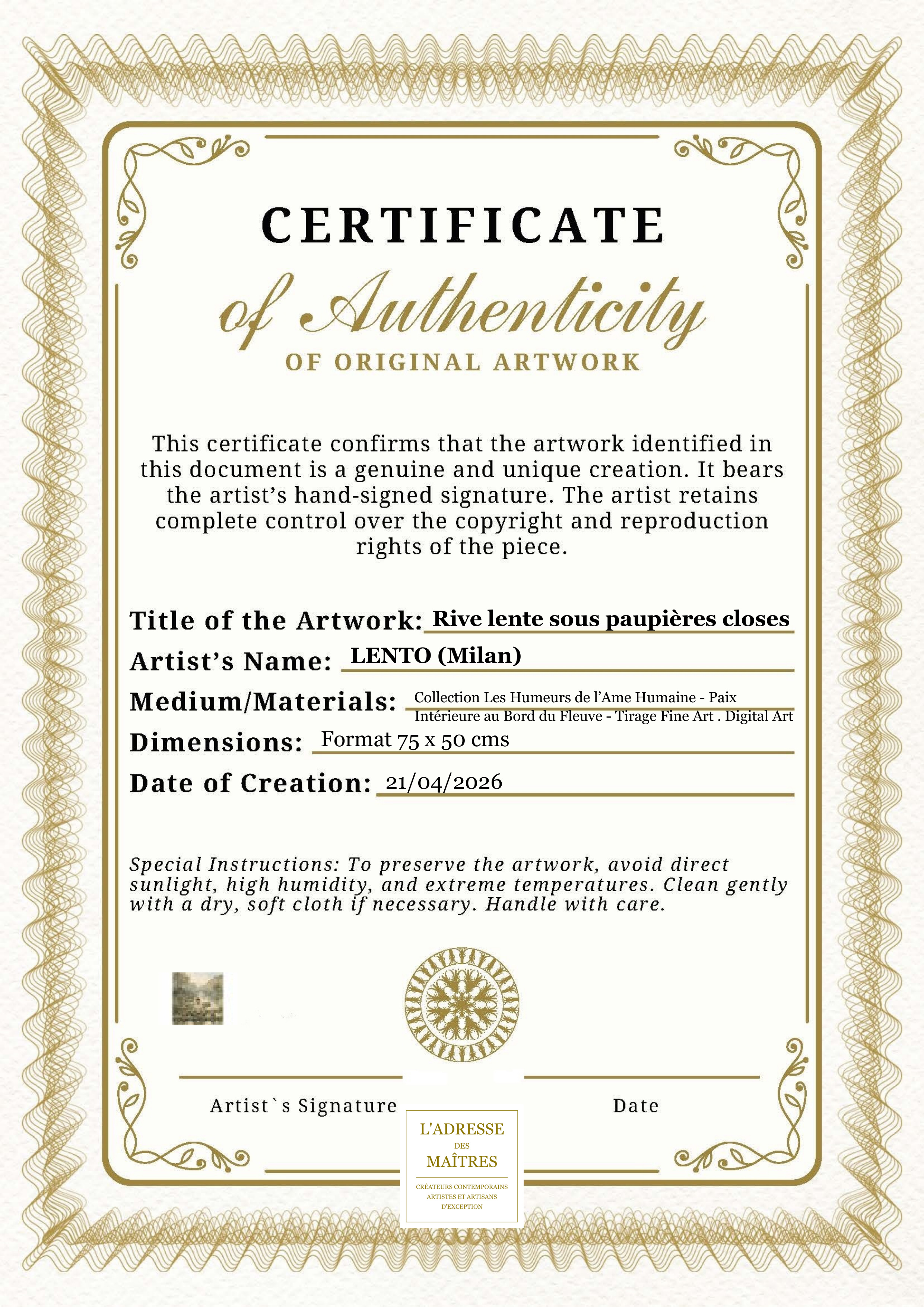 Certificat d'authenticité — Rive lente sous paupières closes — LENTO (Milan)
