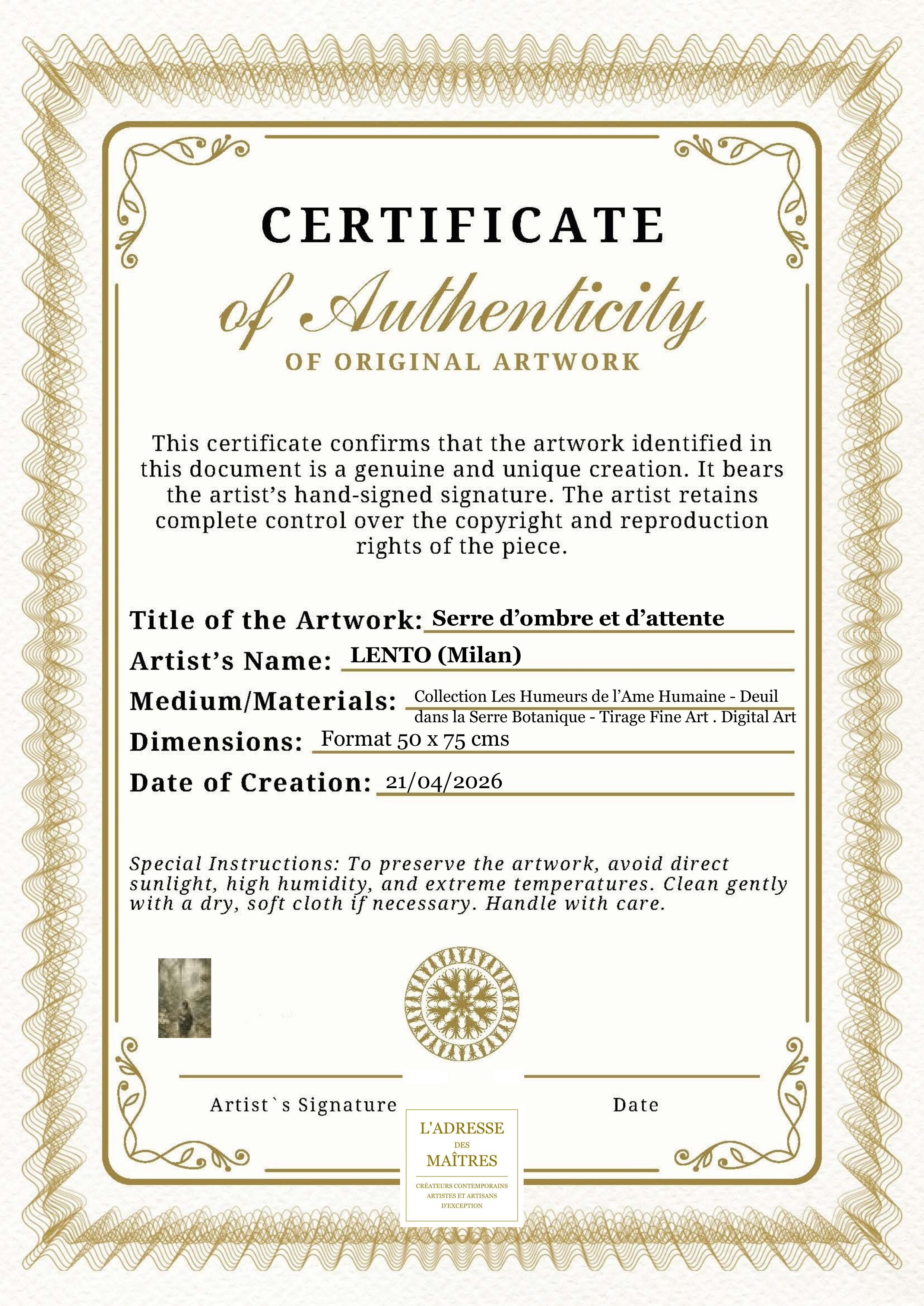 Certificat d'authenticité — Serre d’ombre et d’attente — LENTO (Milan)