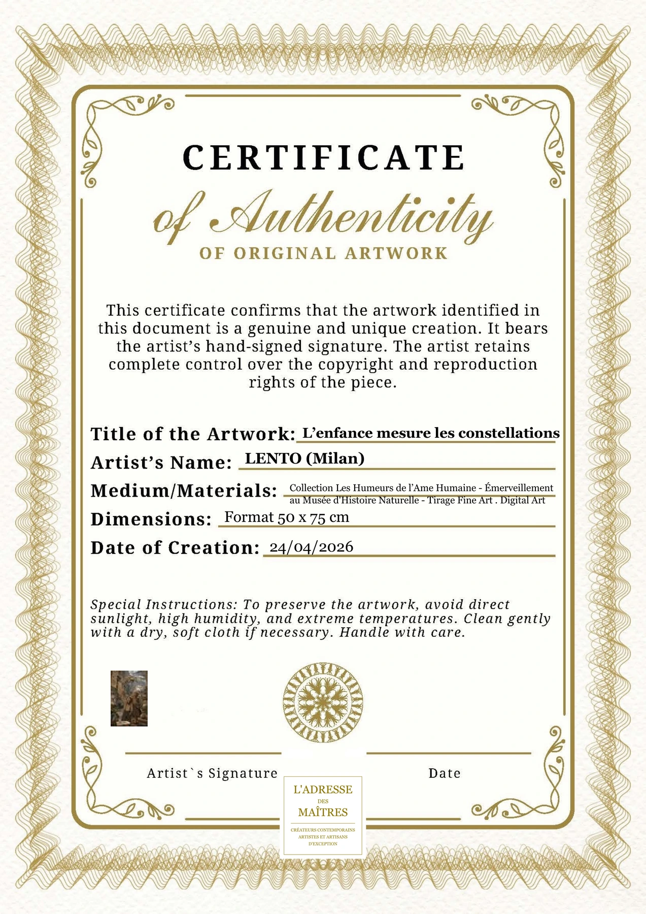 Certificat d'authenticité — L’enfance mesure les constellations — LENTO (Milan)