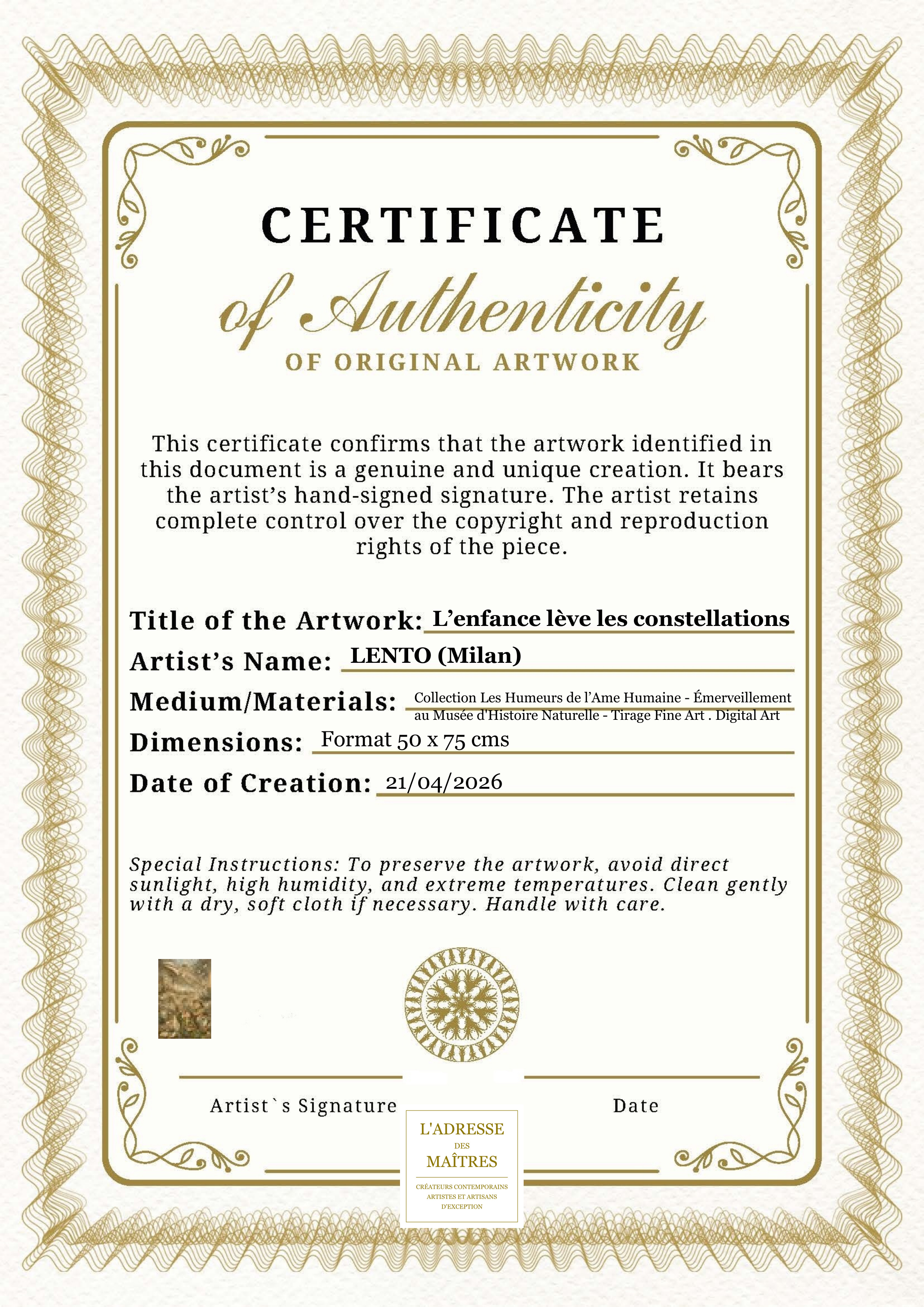 Certificat d'authenticité — L’enfance lève les constellations — LENTO (Milan)