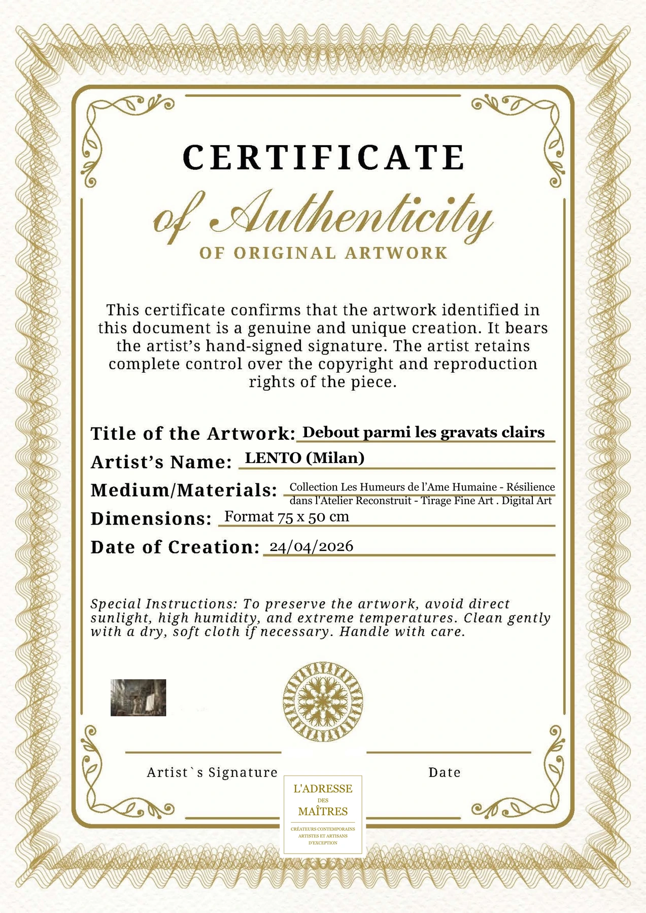 Certificat d'authenticité — Debout parmi les gravats clairs — LENTO (Milan)