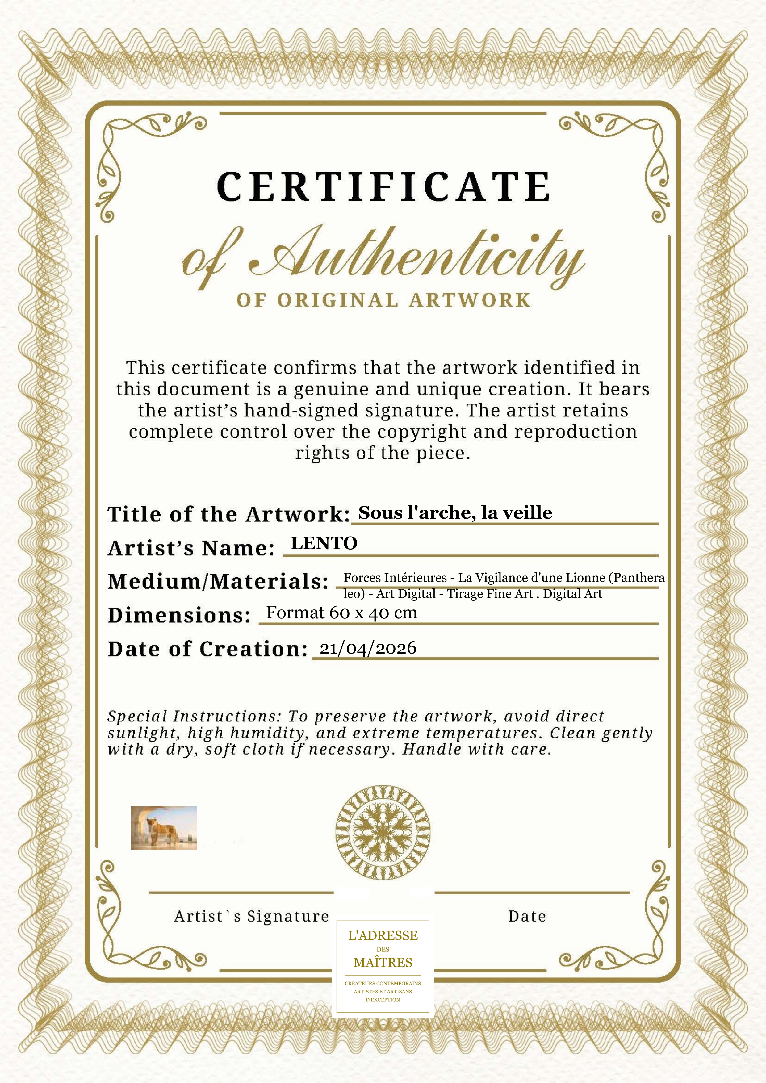 Certificat d'authenticité — Sous l'arche, la veille — LENTO