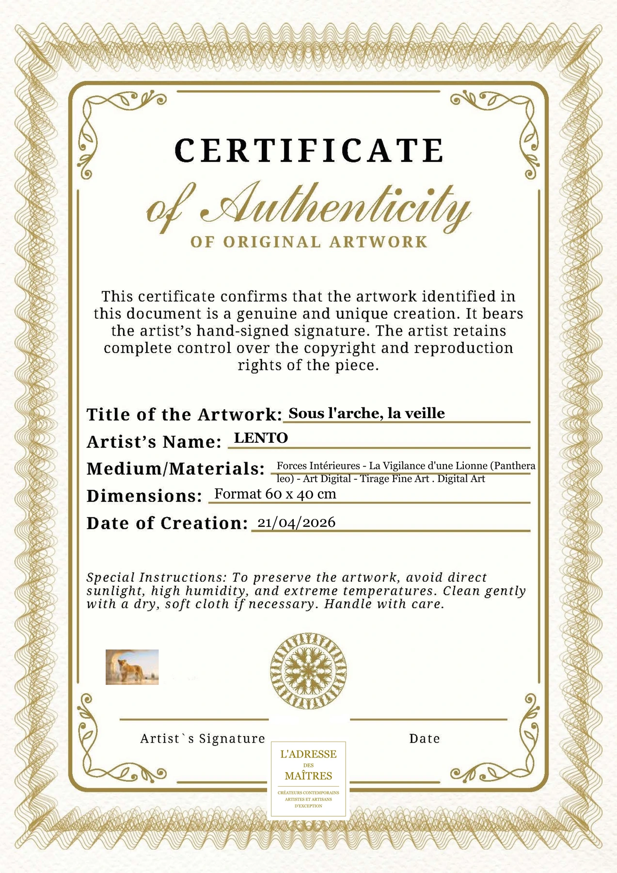 Certificat d'authenticité — Sous l'arche, la veille — LENTO