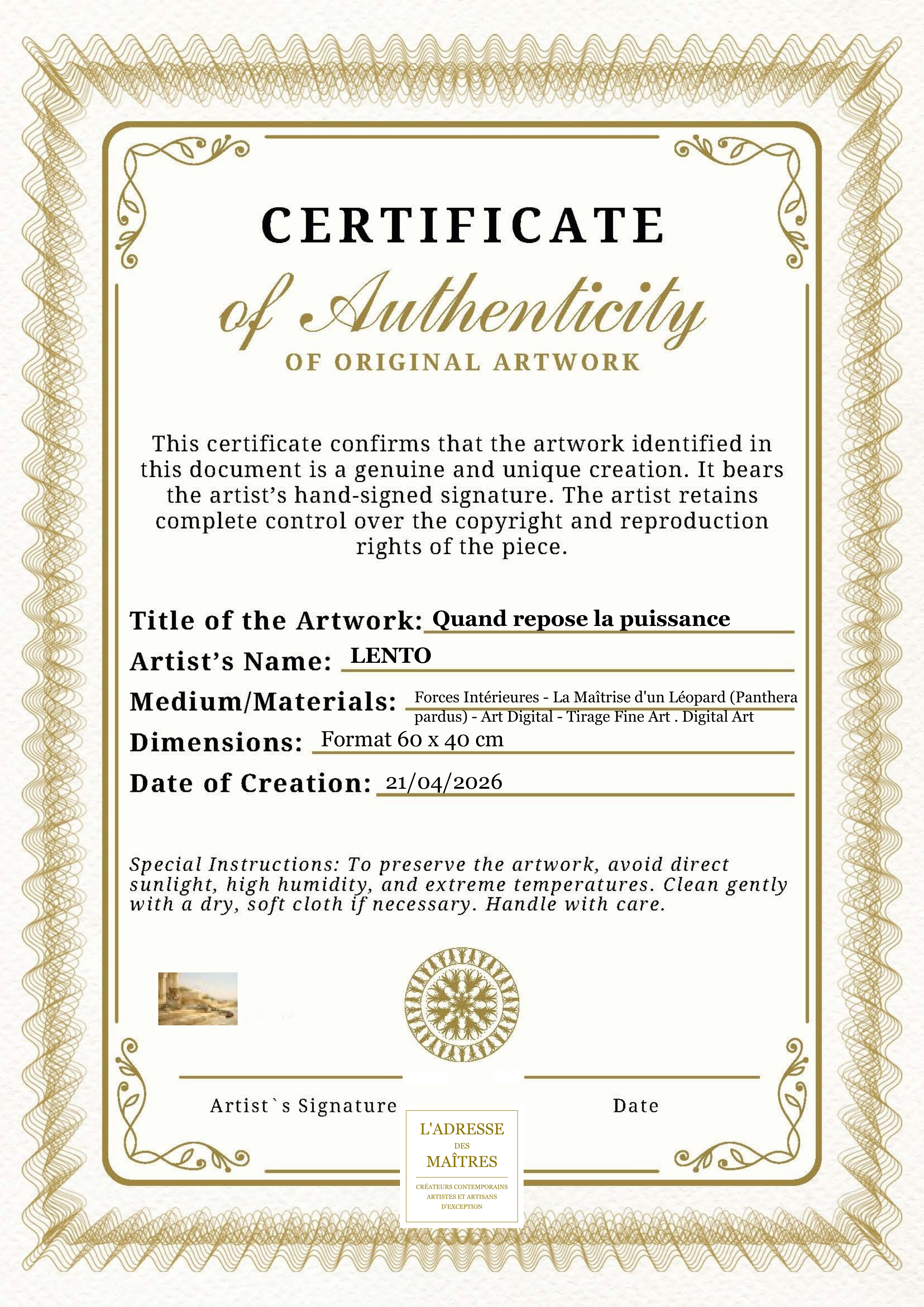 Certificat d'authenticité — Quand repose la puissance — LENTO
