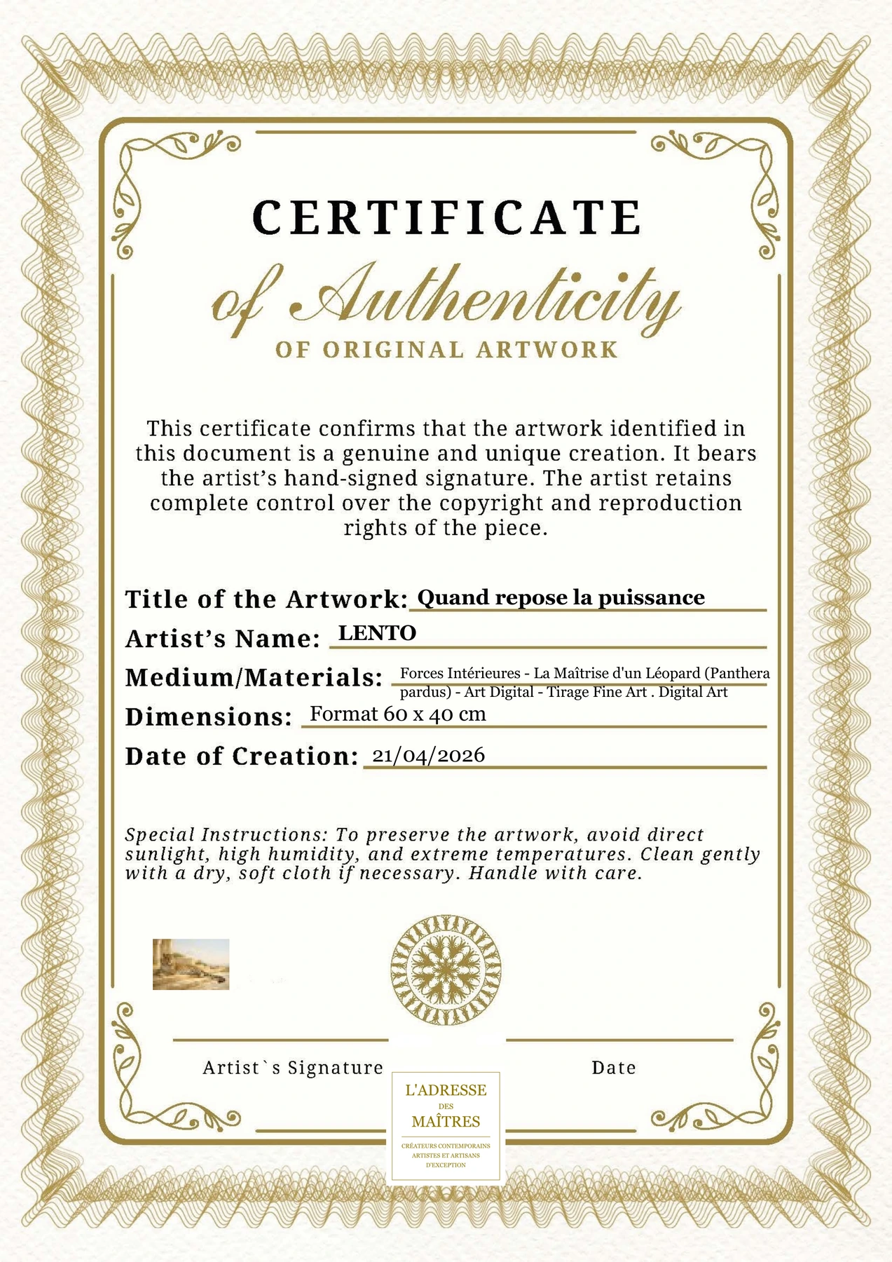 Certificat d'authenticité — Quand repose la puissance — LENTO