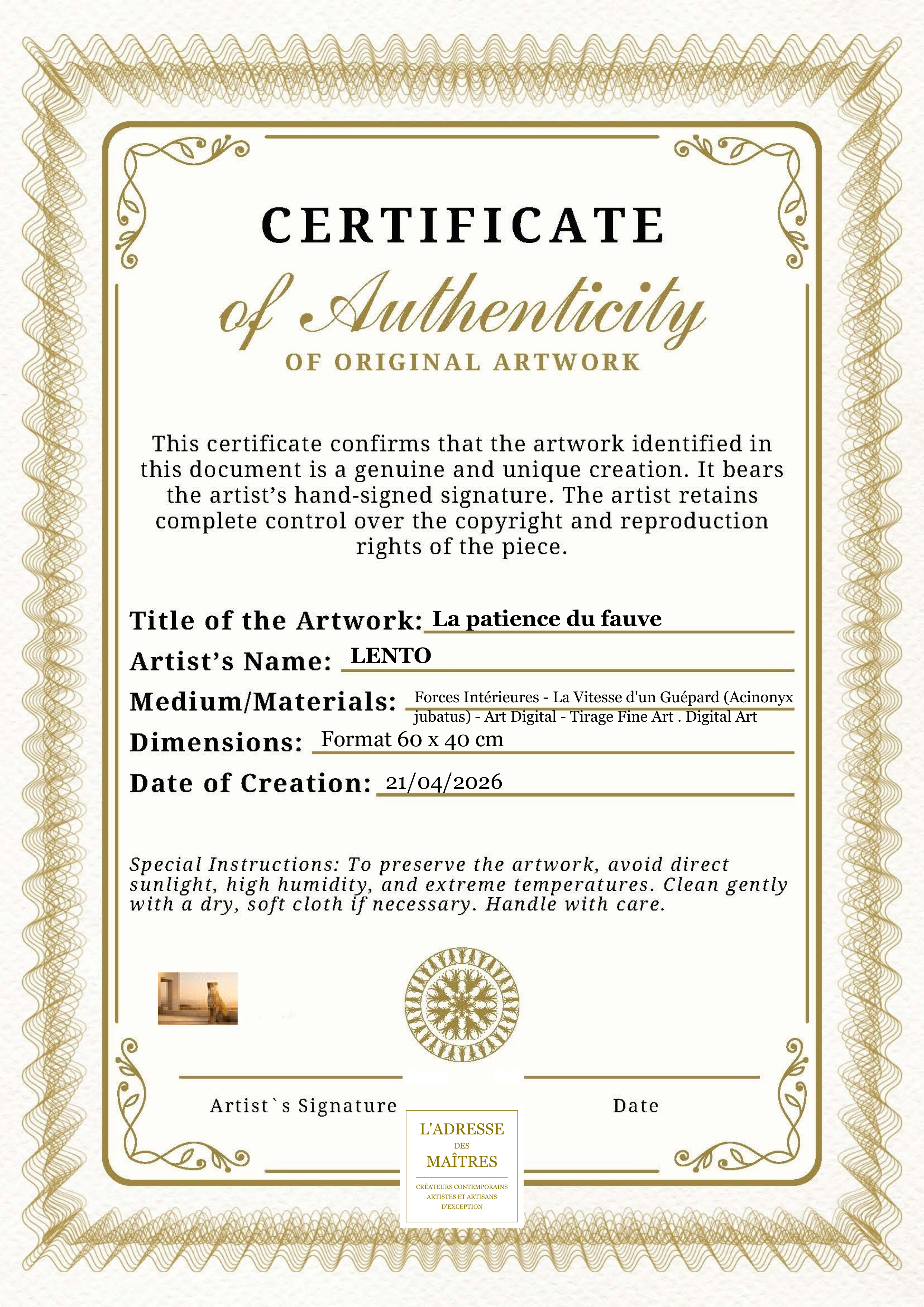 Certificat d'authenticité — La patience du fauve — LENTO