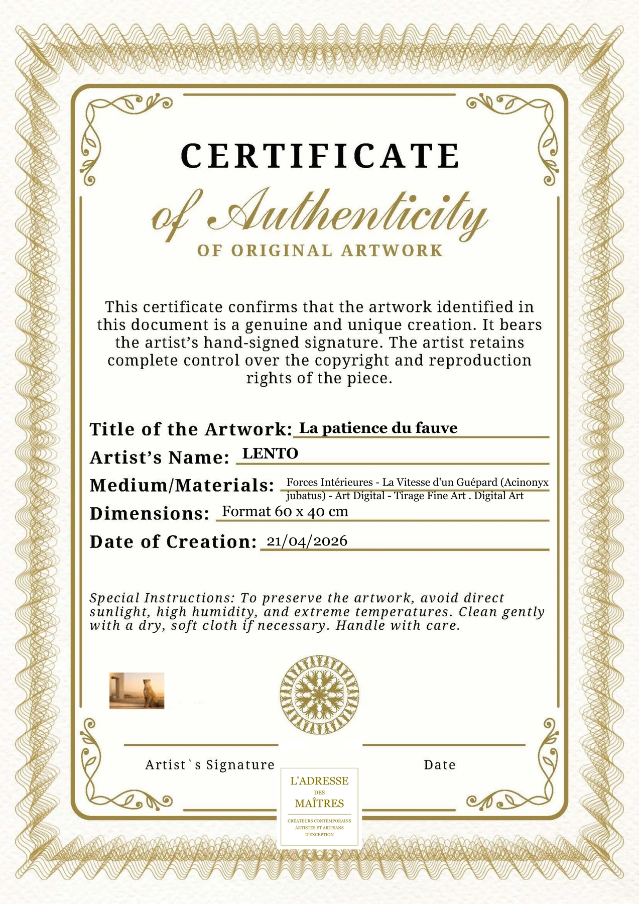 Certificat d'authenticité — La patience du fauve — LENTO