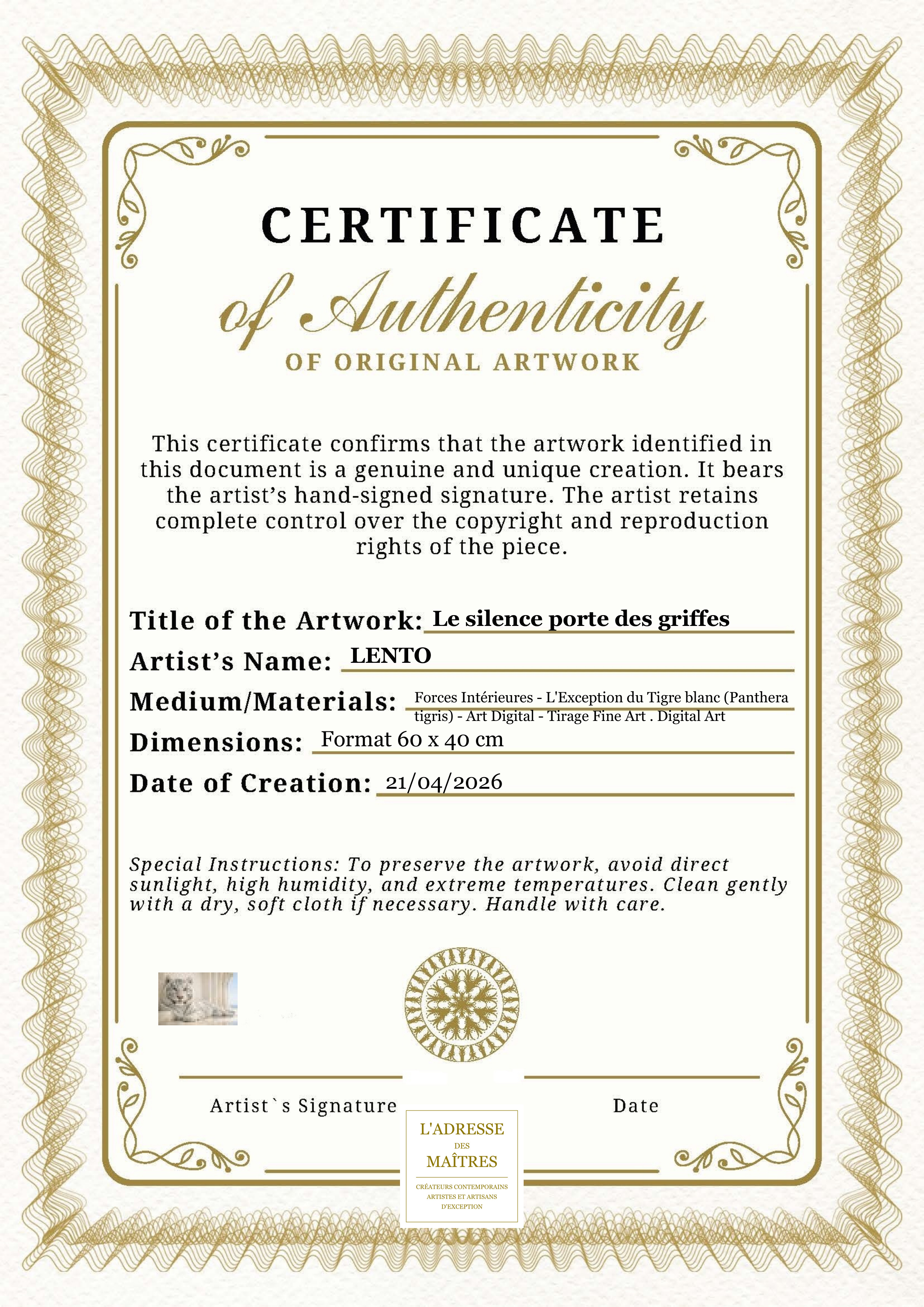 Certificat d'authenticité — Le silence porte des griffes — LENTO