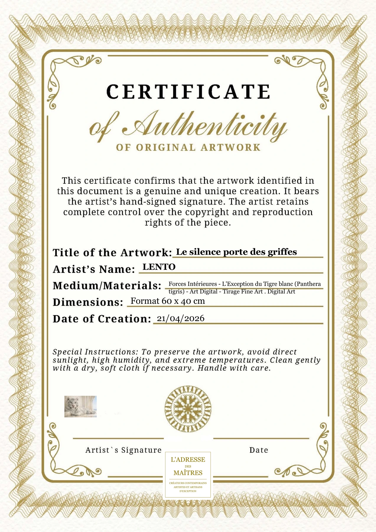 Certificat d'authenticité — Le silence porte des griffes — LENTO