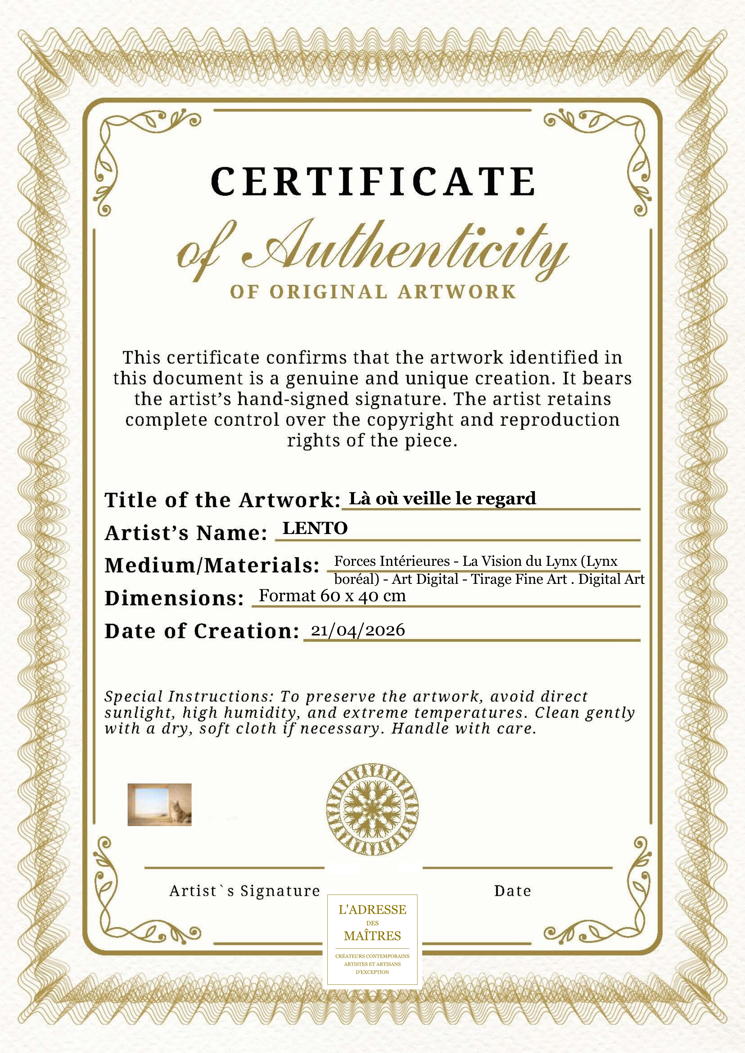 Certificat d'authenticité — Là où veille le regard — LENTO