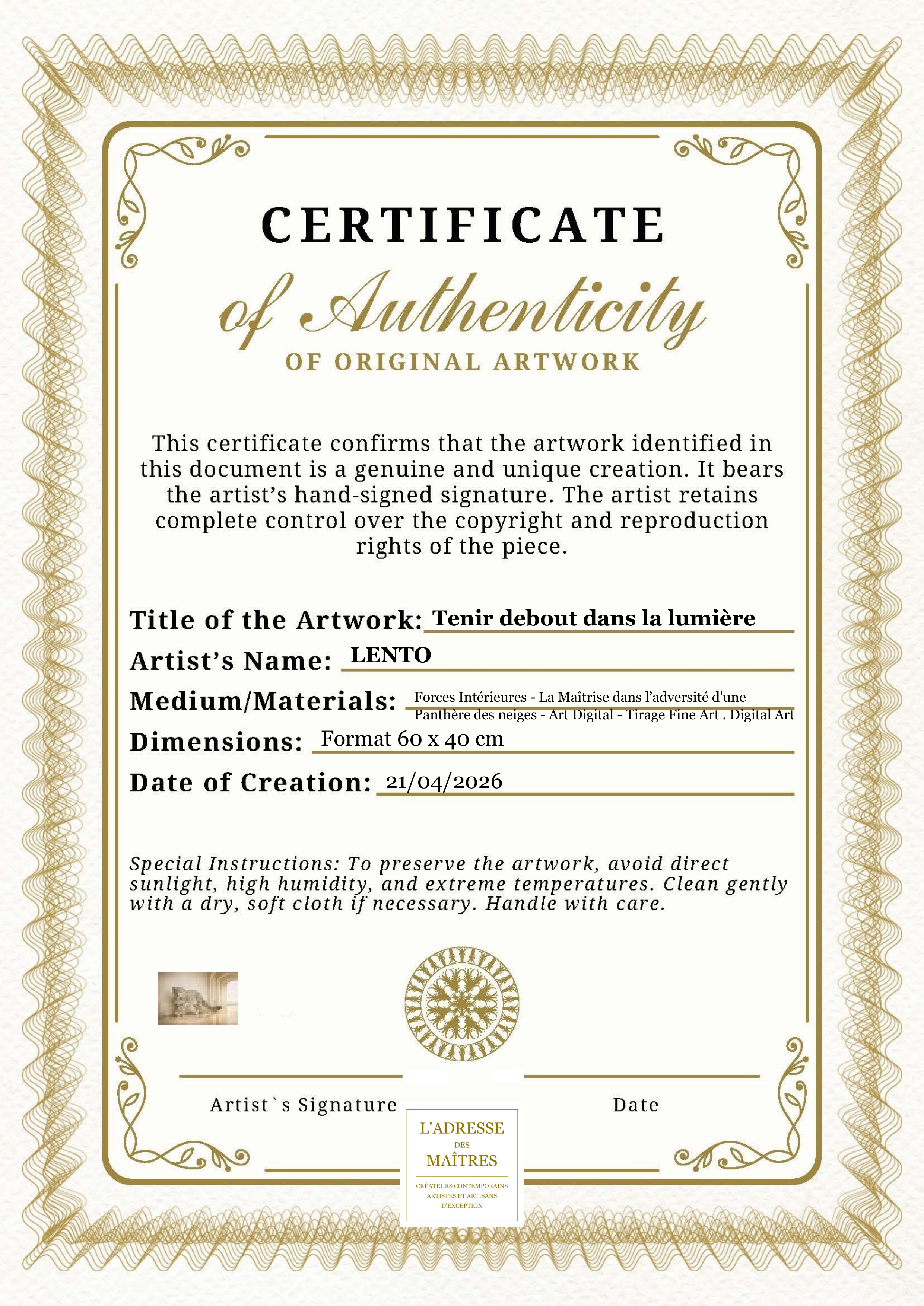 Certificat d'authenticité — Tenir debout dans la lumière — LENTO