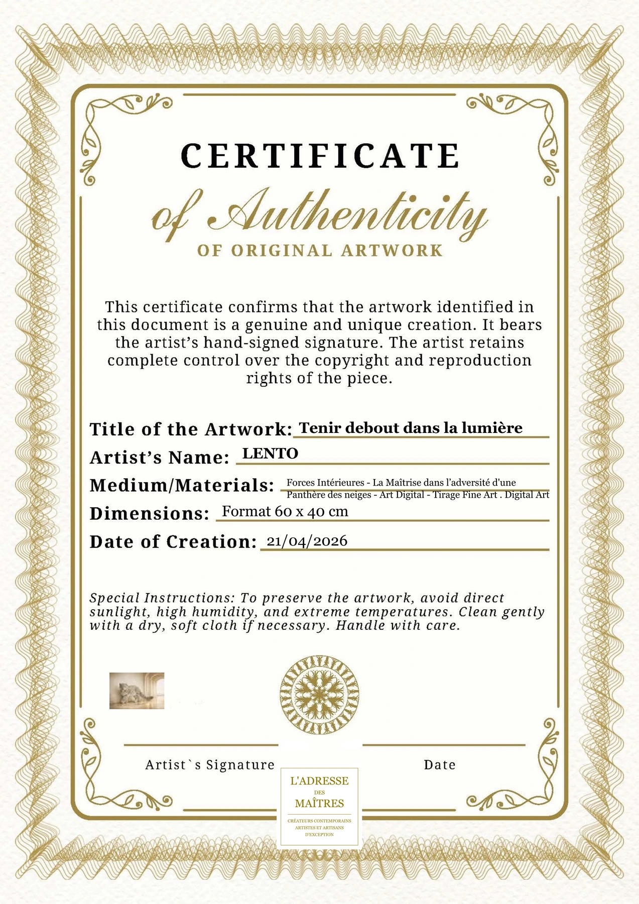 Certificat d'authenticité — Tenir debout dans la lumière — LENTO