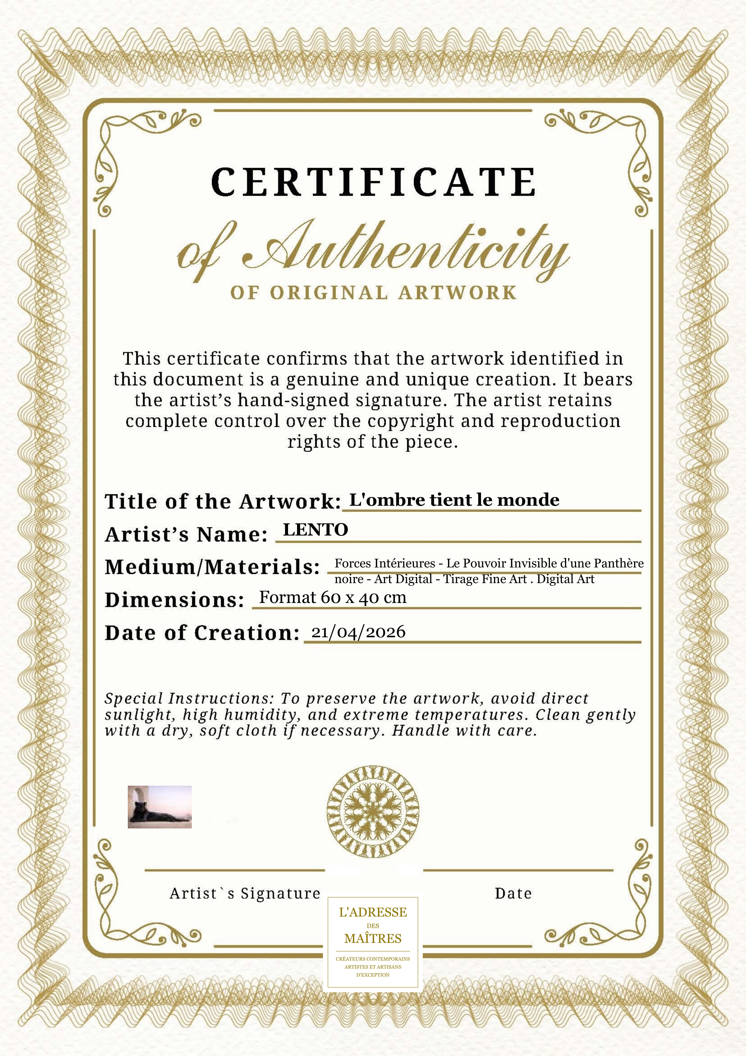 Certificat d'authenticité — L'ombre tient le monde — LENTO