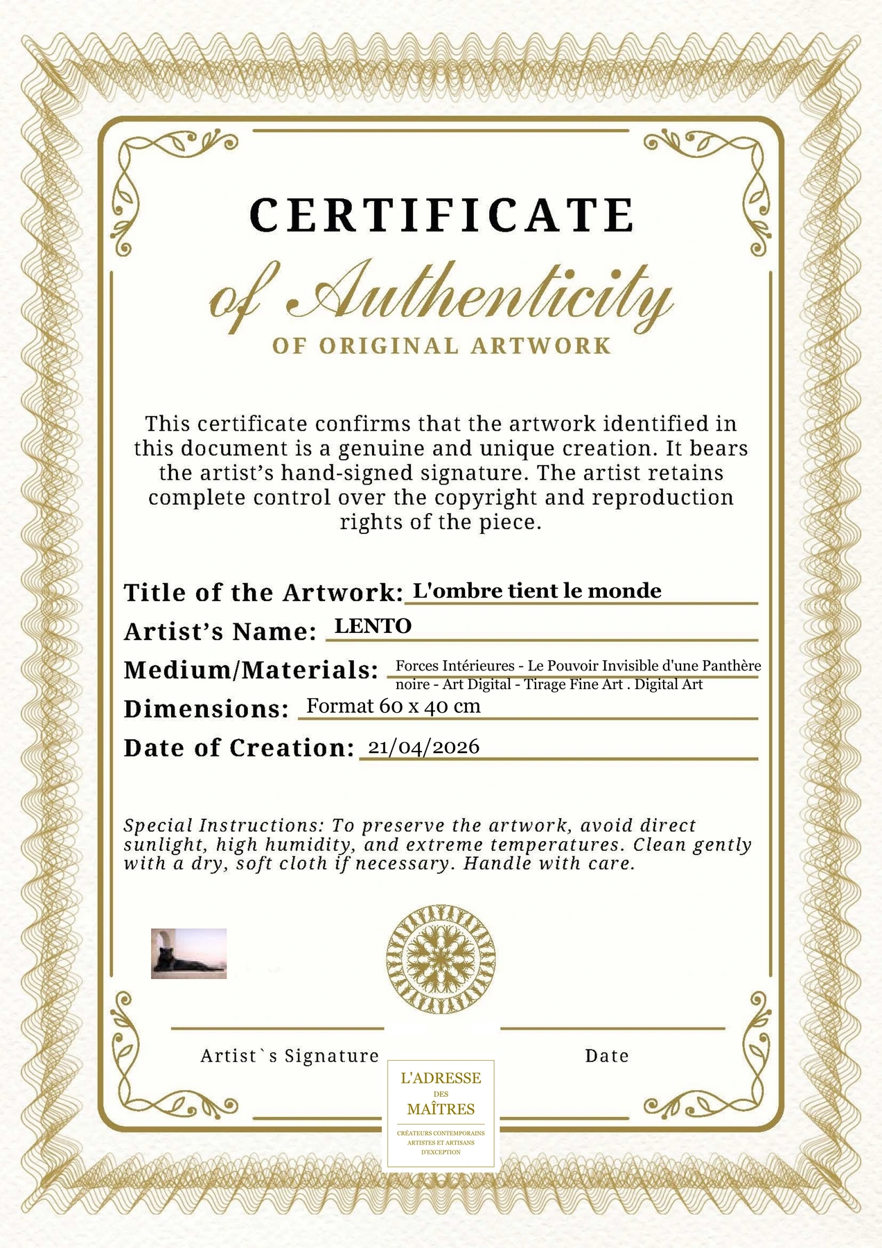 Certificat d'authenticité — L'ombre tient le monde — LENTO