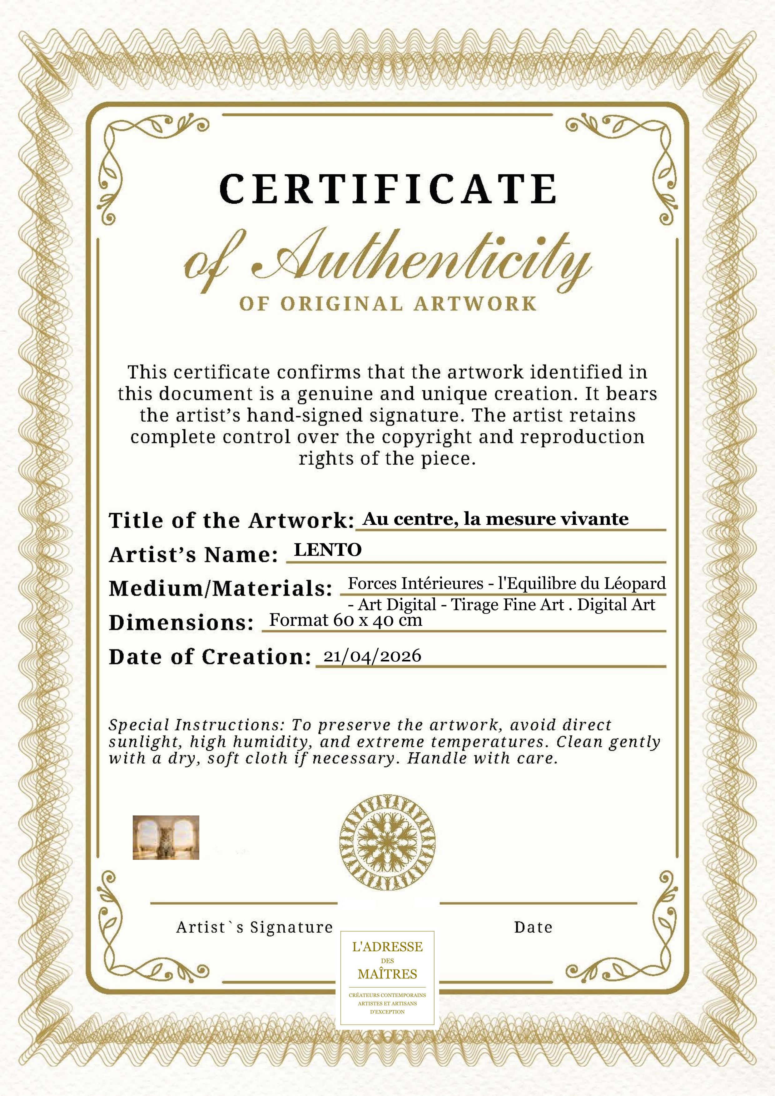 Certificat d'authenticité — Au centre, la mesure vivante — LENTO