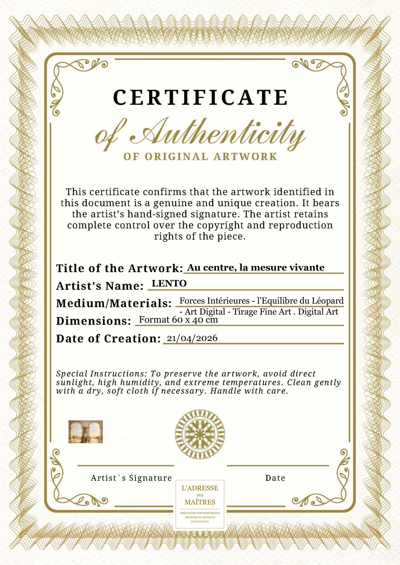 Certificat d'authenticité — Au centre, la mesure vivante — LENTO